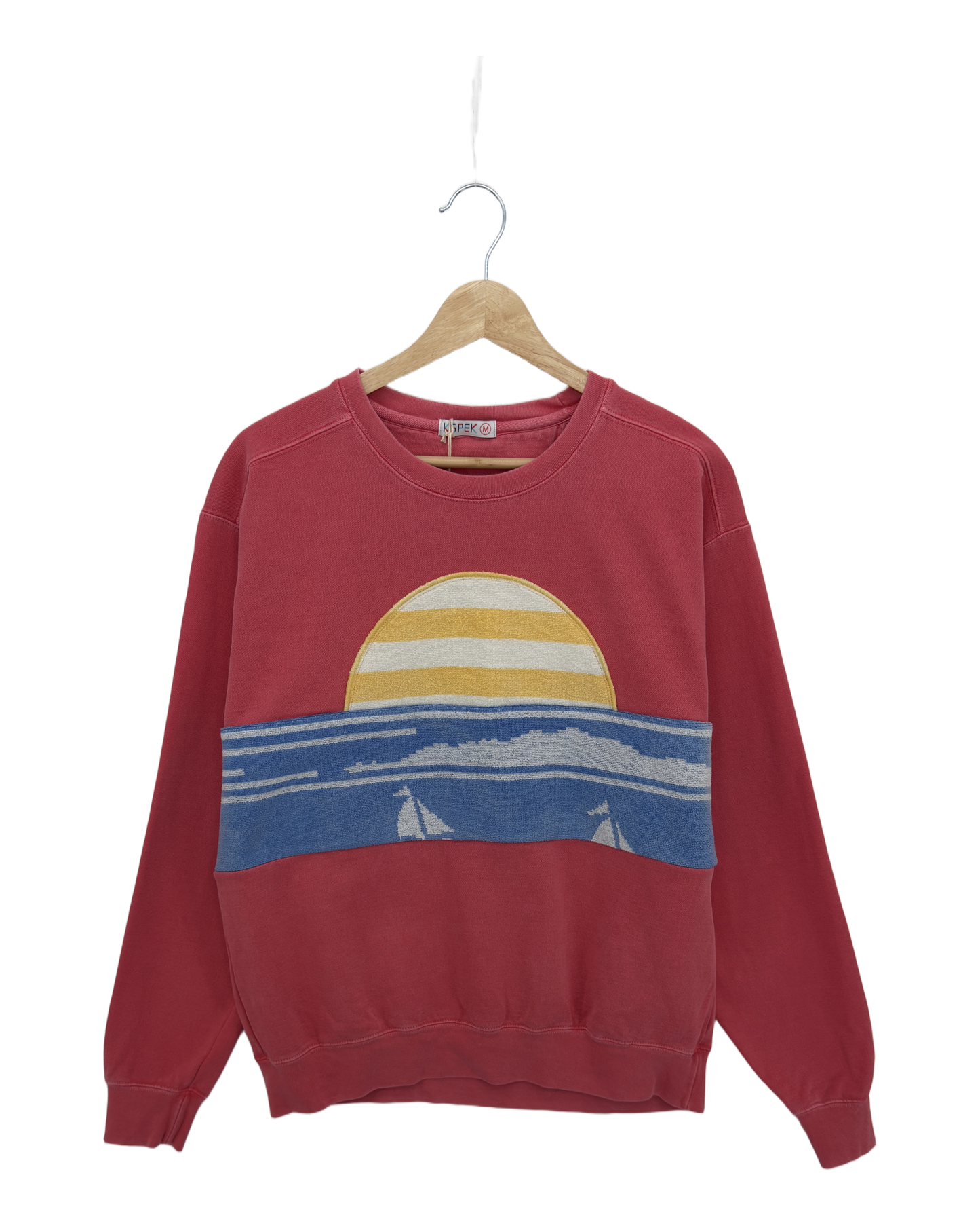 Medium Watermelon Sunset Chaser "Retro Seaside" — one-of-a-kind upcycled vintage beach towel sweatshirt, handmade by Kspek, view 3
