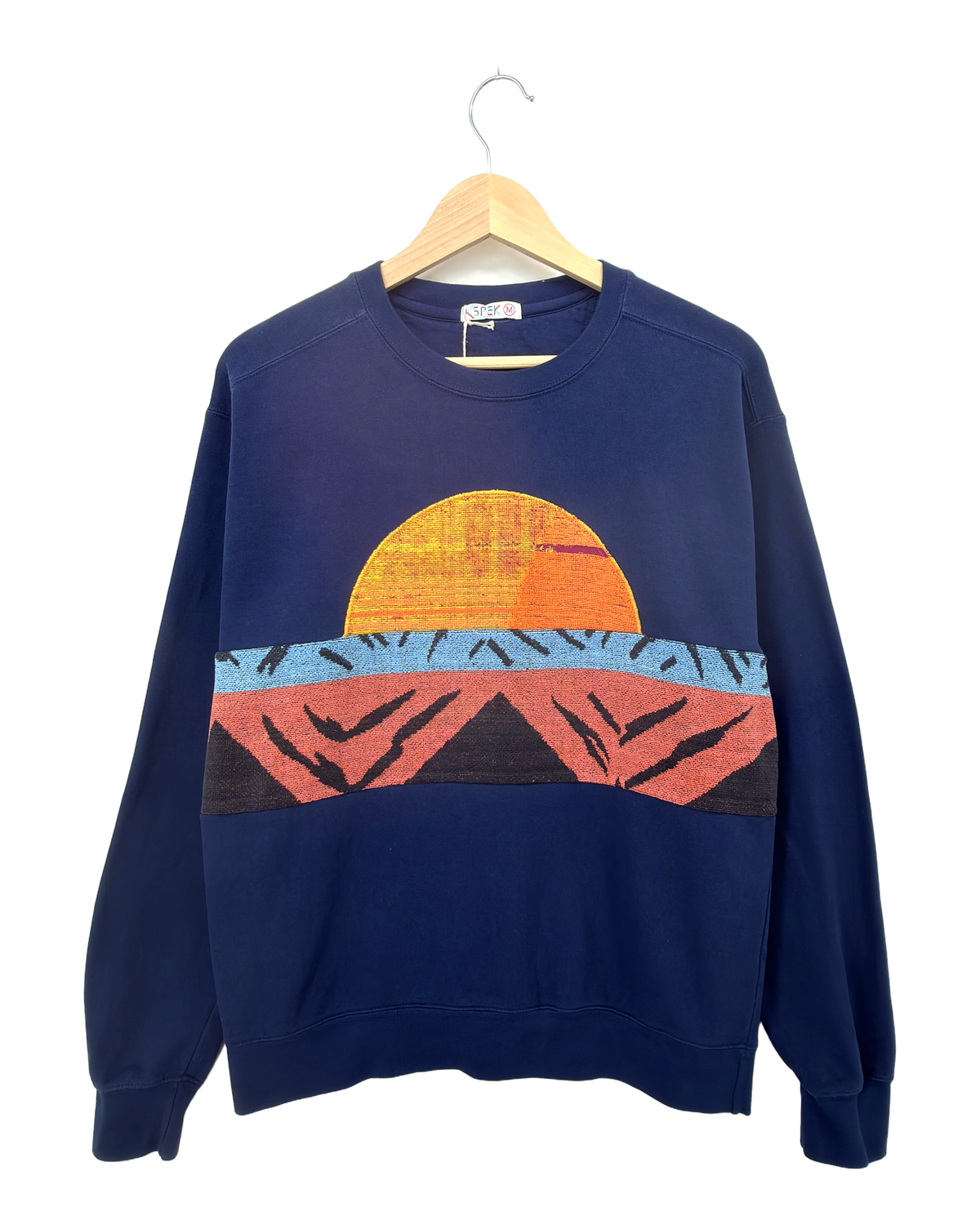Medium Navy Sunset Chaser "Terra Sunscape" — one-of-a-kind upcycled vintage beach towel sweatshirt, handmade by Kspek, view 4
