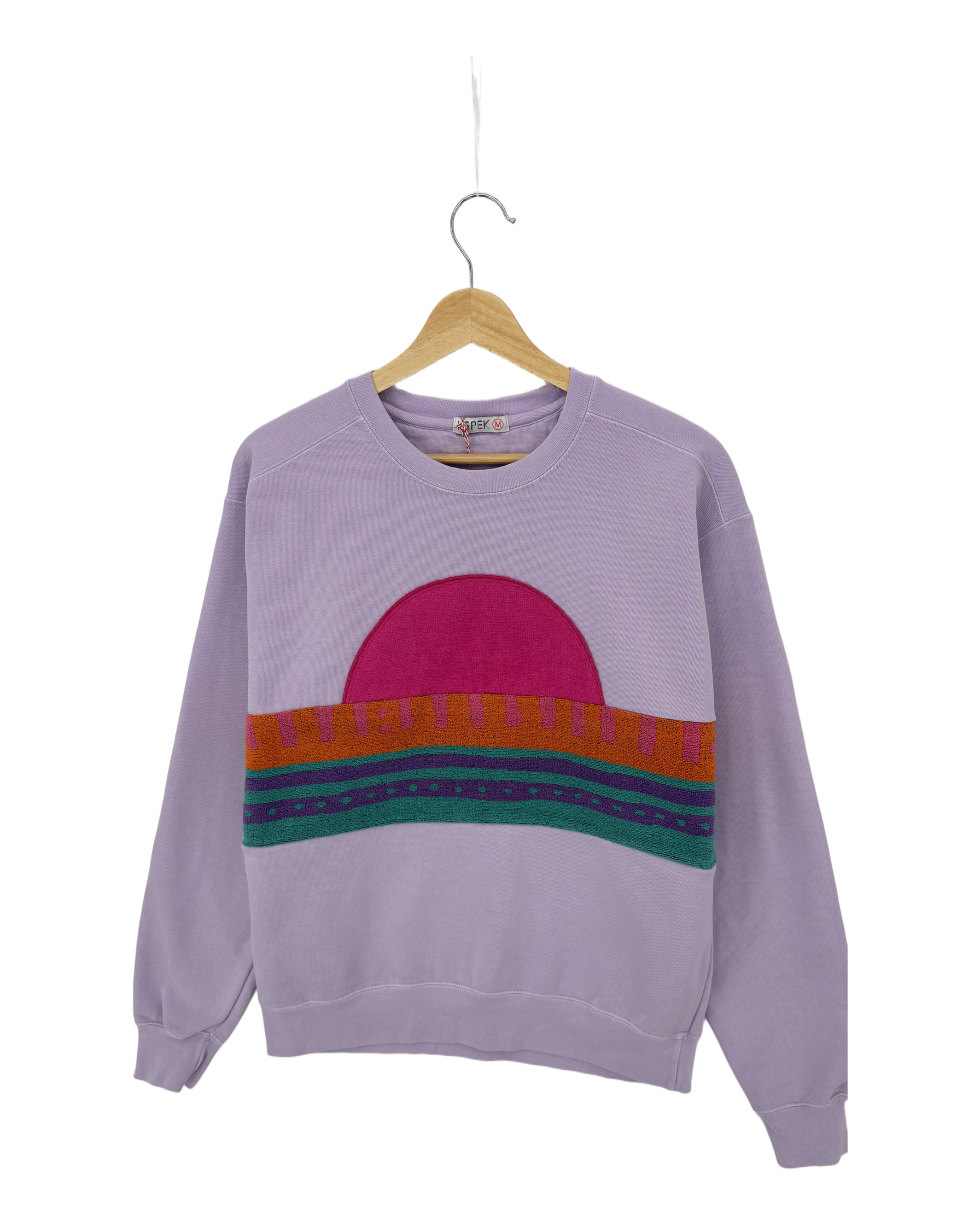 Medium Lavender Sunset Chaser "Retro Shoreline" — one-of-a-kind upcycled vintage beach towel sweatshirt, handmade by Kspek, view 3