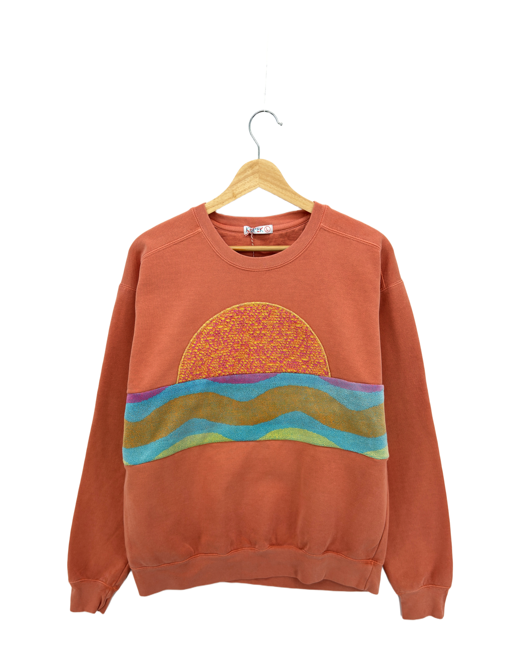 Large Terracotta Sunset Chaser "Wavy Daze" — one-of-a-kind upcycled vintage beach towel sweatshirt, handmade by Kspek, view 3