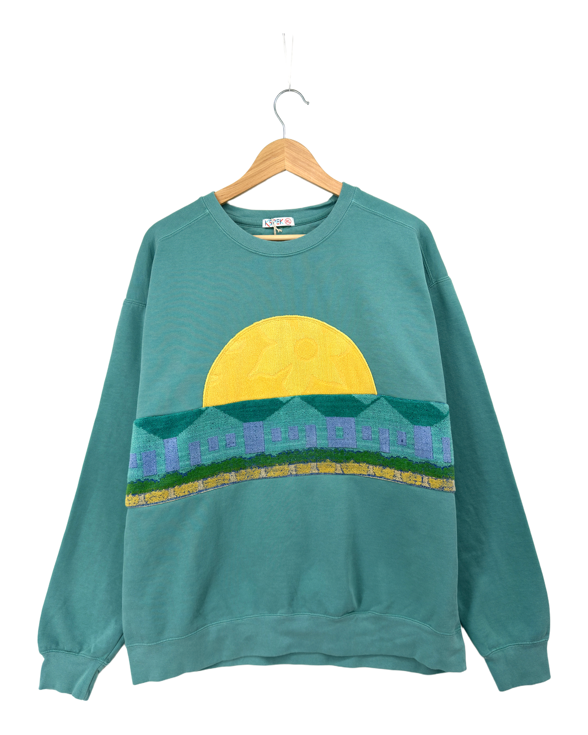 X-Large Light Jade Sunset Chaser "Village Sundown" — one-of-a-kind upcycled vintage beach towel sweatshirt, handmade by Kspek, view 4