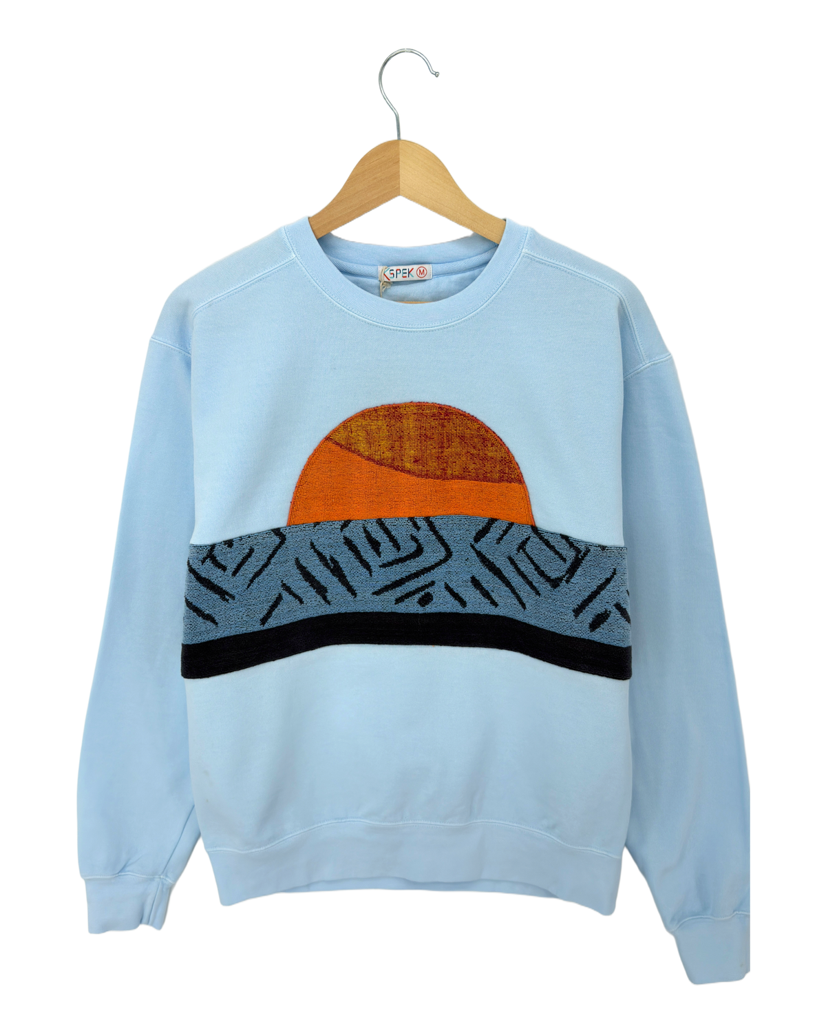 Medium Aqua Sunset Chaser "Ocean Horizon Escape" — one-of-a-kind upcycled vintage beach towel sweatshirt, handmade by Kspek, view 4