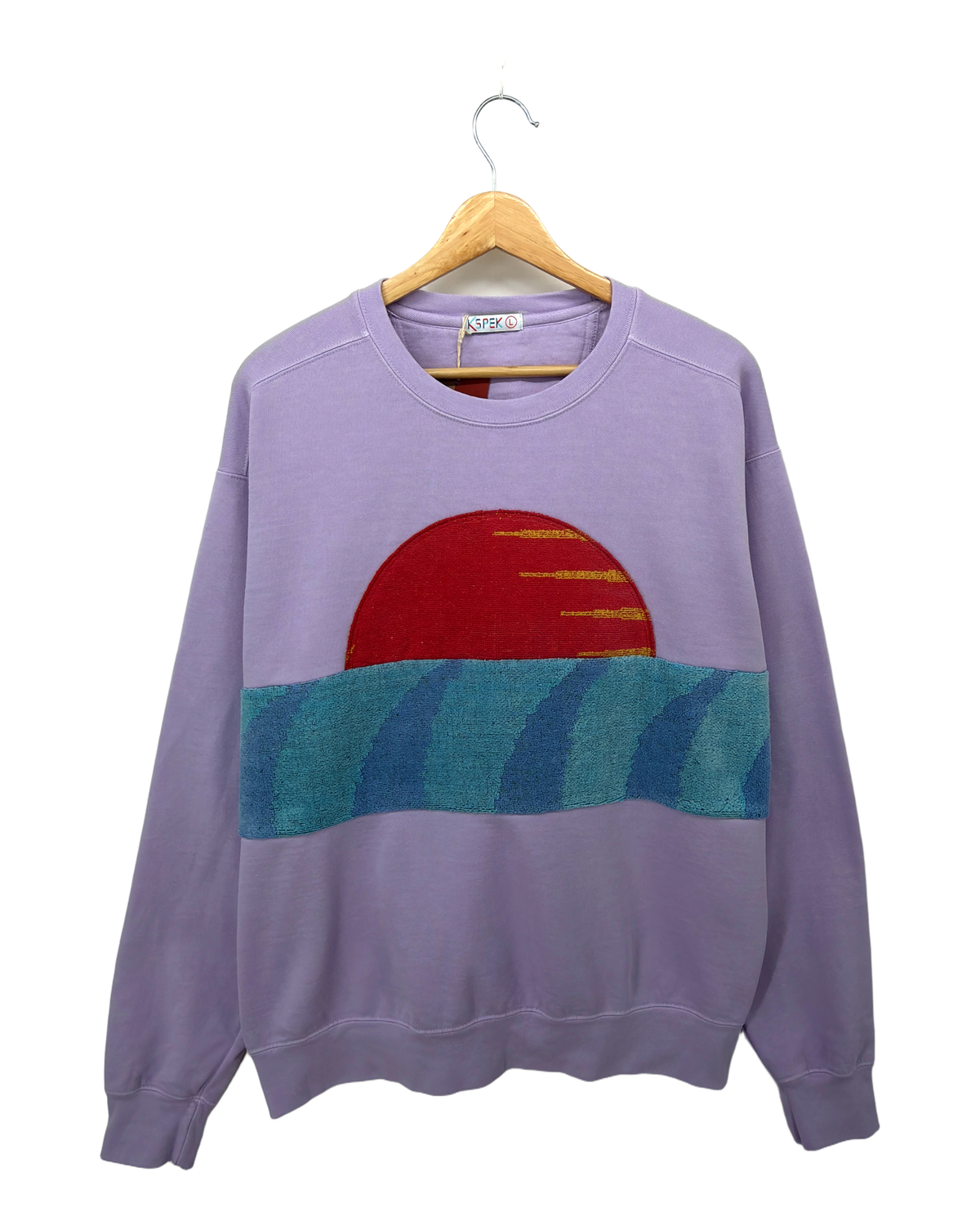Large Lavender Sunset Chaser "Red Sun Surf" — one-of-a-kind upcycled vintage beach towel sweatshirt, handmade by Kspek, view 4