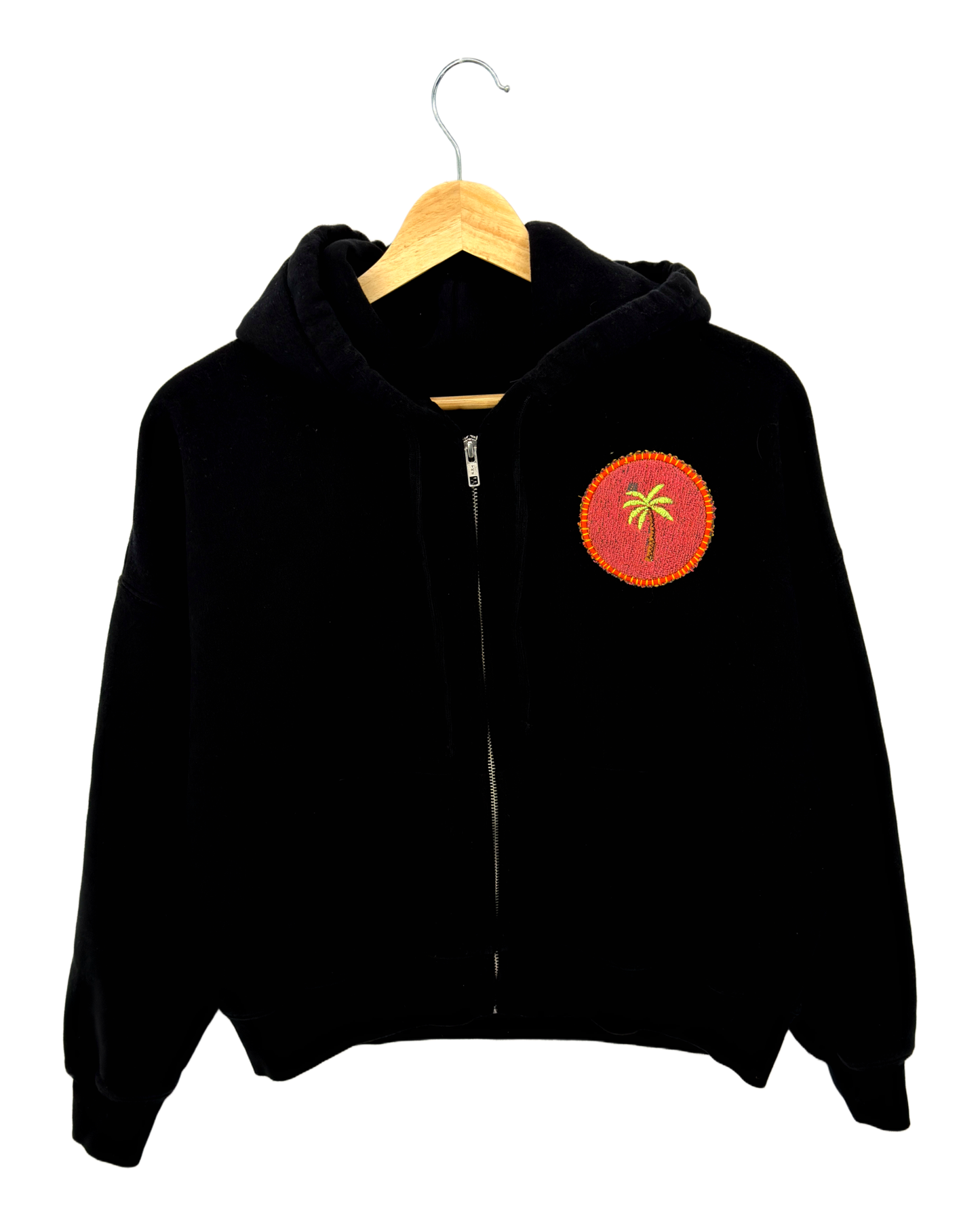 Small Black Making a Scene Zip Up Hoodie — one-of-a-kind upcycled vintage beach towel piece, handmade by Kspek, view 2