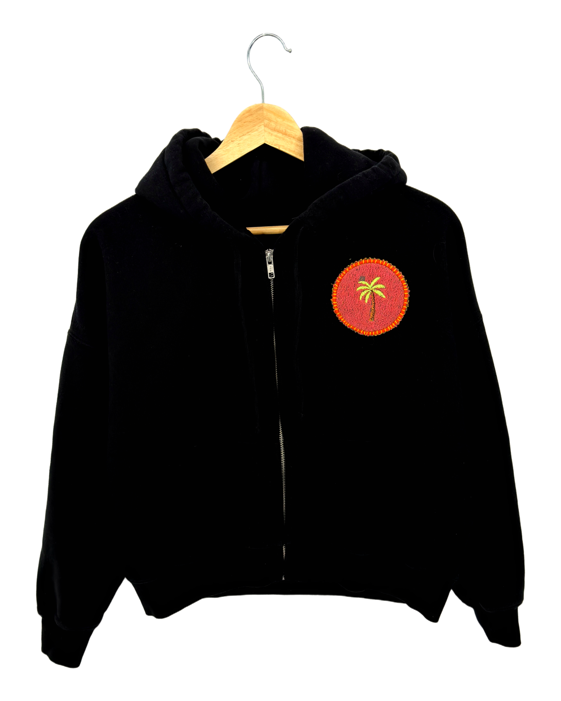 Small Black Making a Scene Zip Up Hoodie — one-of-a-kind upcycled vintage beach towel piece, handmade by Kspek, view 2