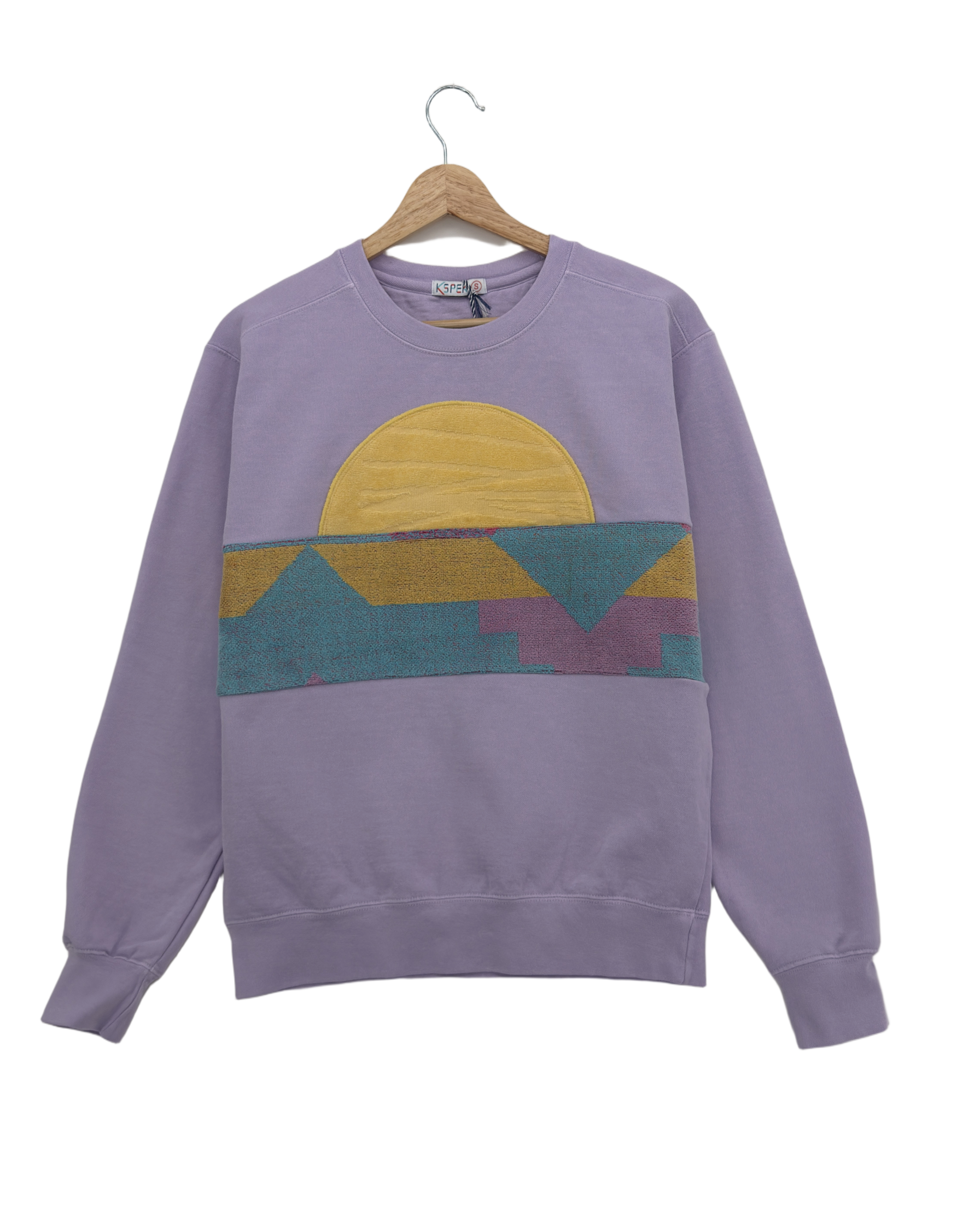 Small Lavender Sunset Chaser "Desert Horizon" — one-of-a-kind upcycled vintage beach towel sweatshirt, handmade by Kspek