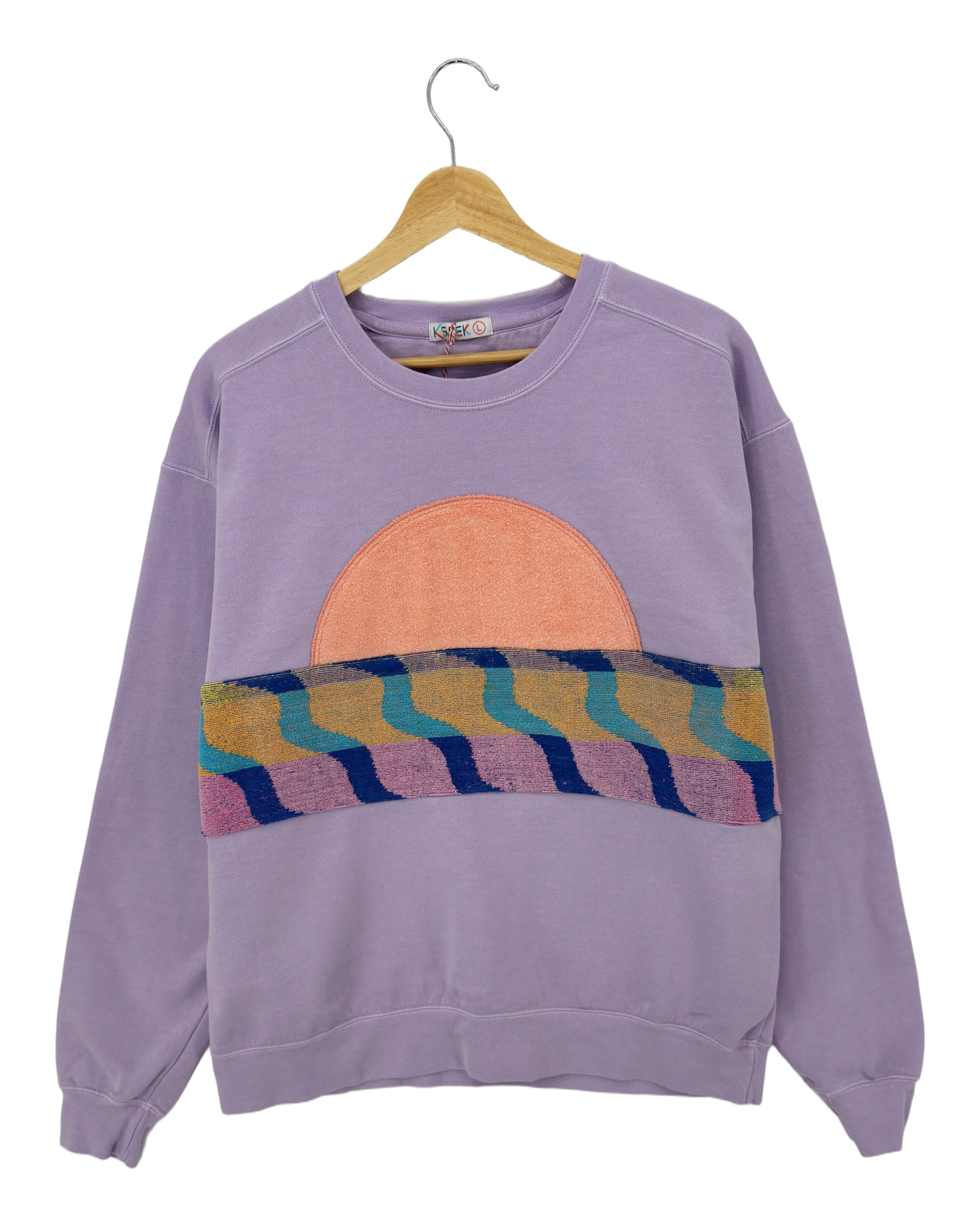 Large Lavender Sunset Chaser "Retro Wave" — one-of-a-kind upcycled vintage beach towel sweatshirt, handmade by Kspek, view 3