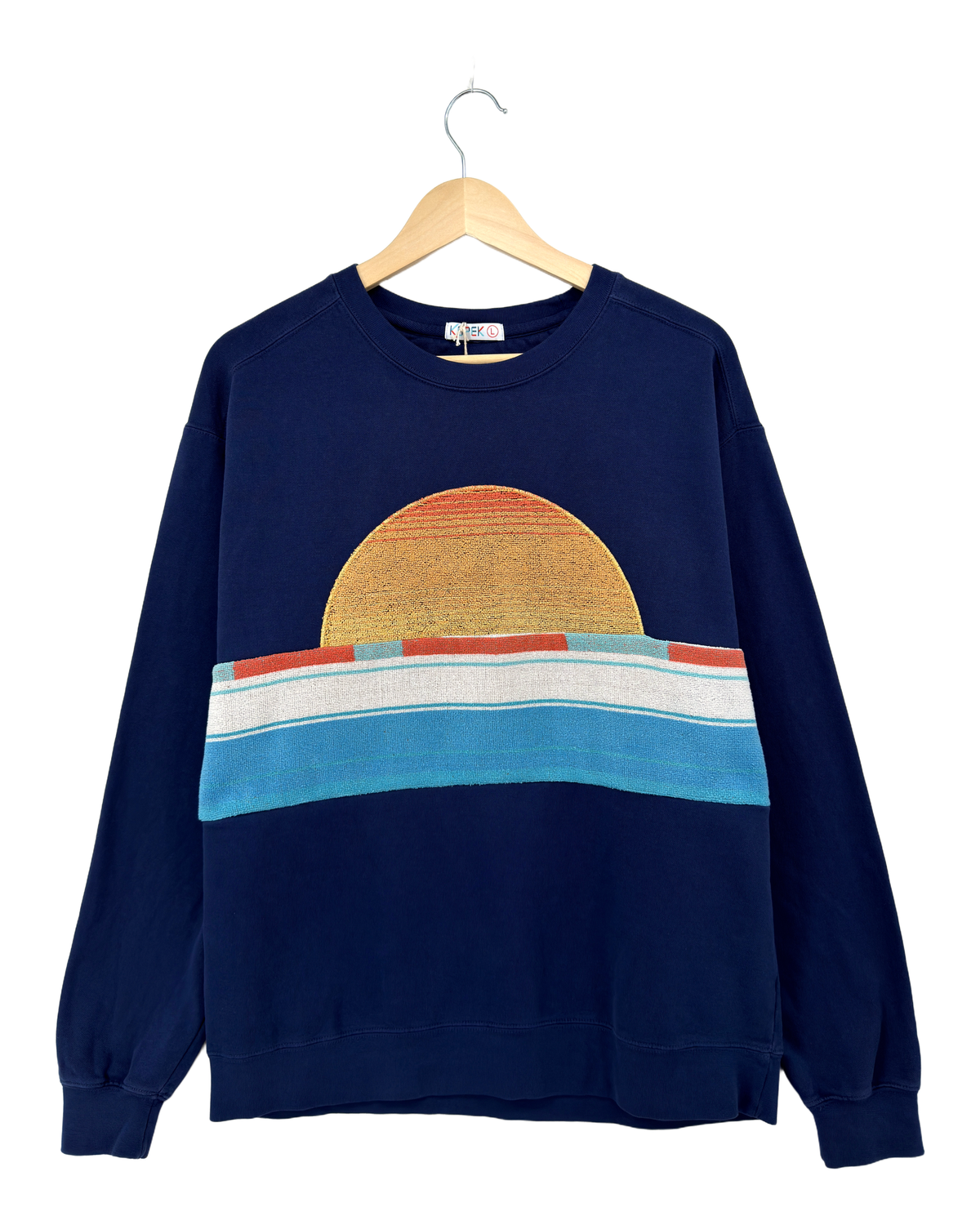 Large Navy Sunset Chaser "Striped Ocean Crest" — one-of-a-kind upcycled vintage beach towel sweatshirt, handmade by Kspek, view 4
