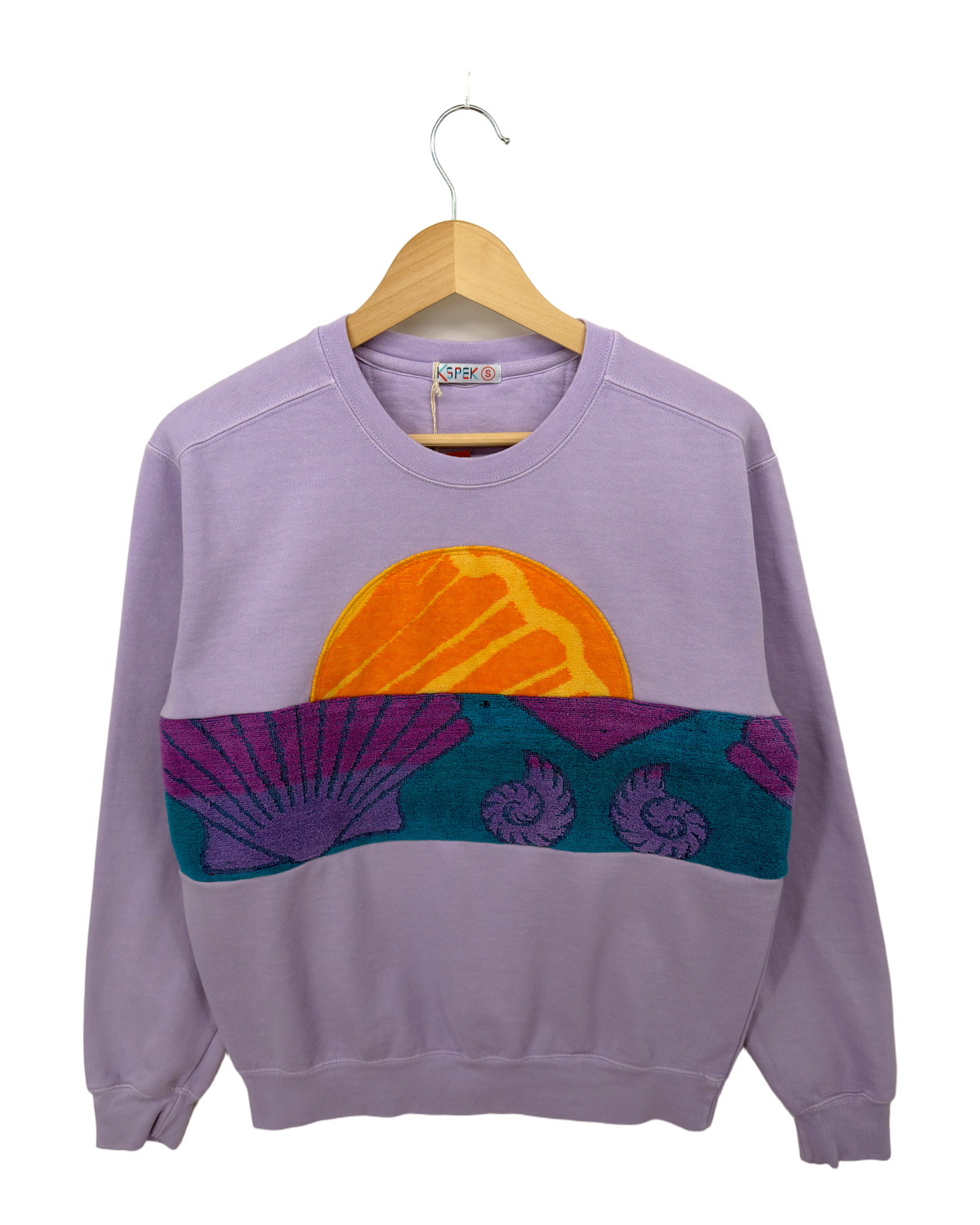 Small Lavender Sunset Chaser "Shell Sunscape" — one-of-a-kind upcycled vintage beach towel sweatshirt, handmade by Kspek, view 4