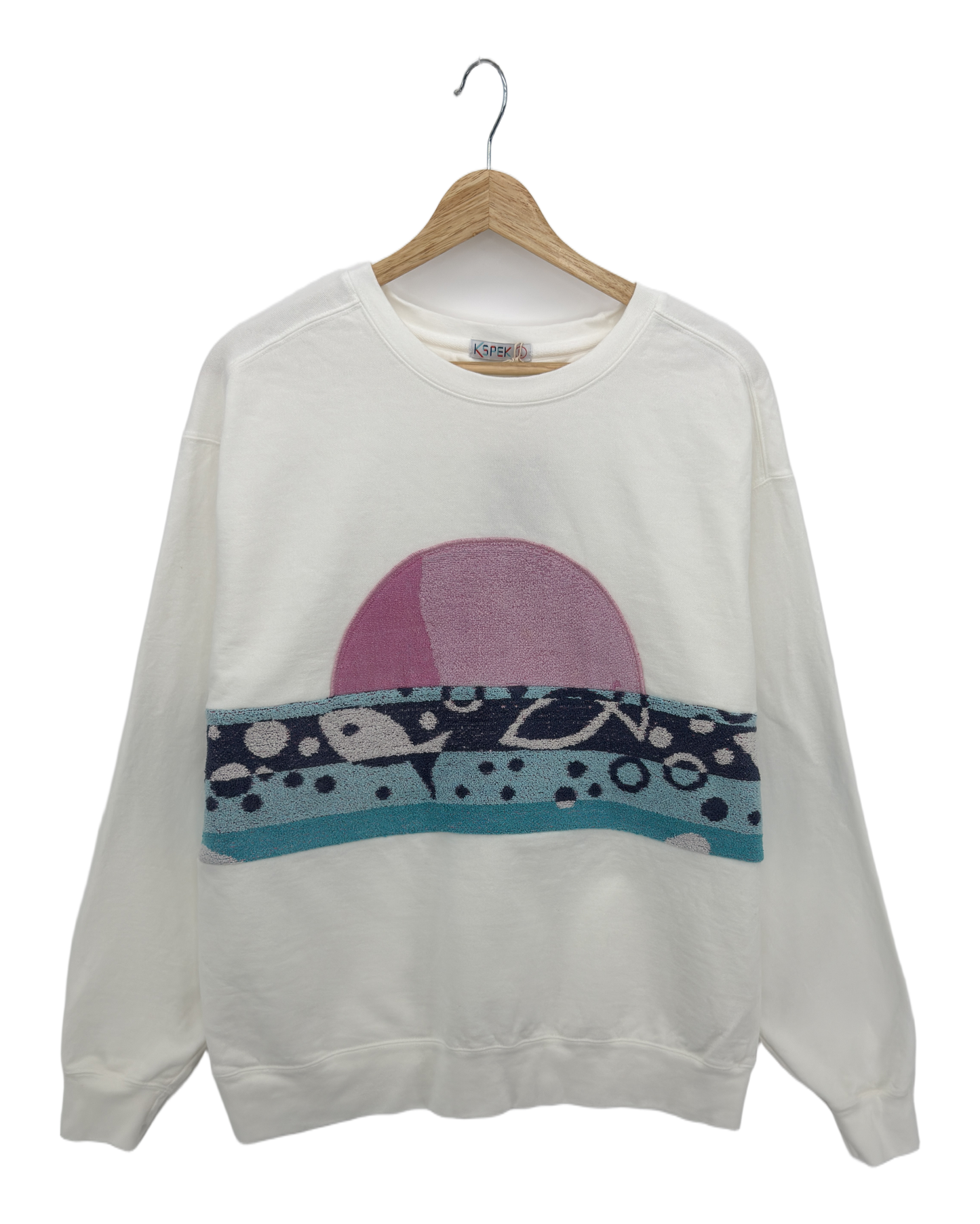 Large White Sunset Chaser "Retro Wavefront" — one-of-a-kind upcycled vintage beach towel sweatshirt, handmade by Kspek, view 3