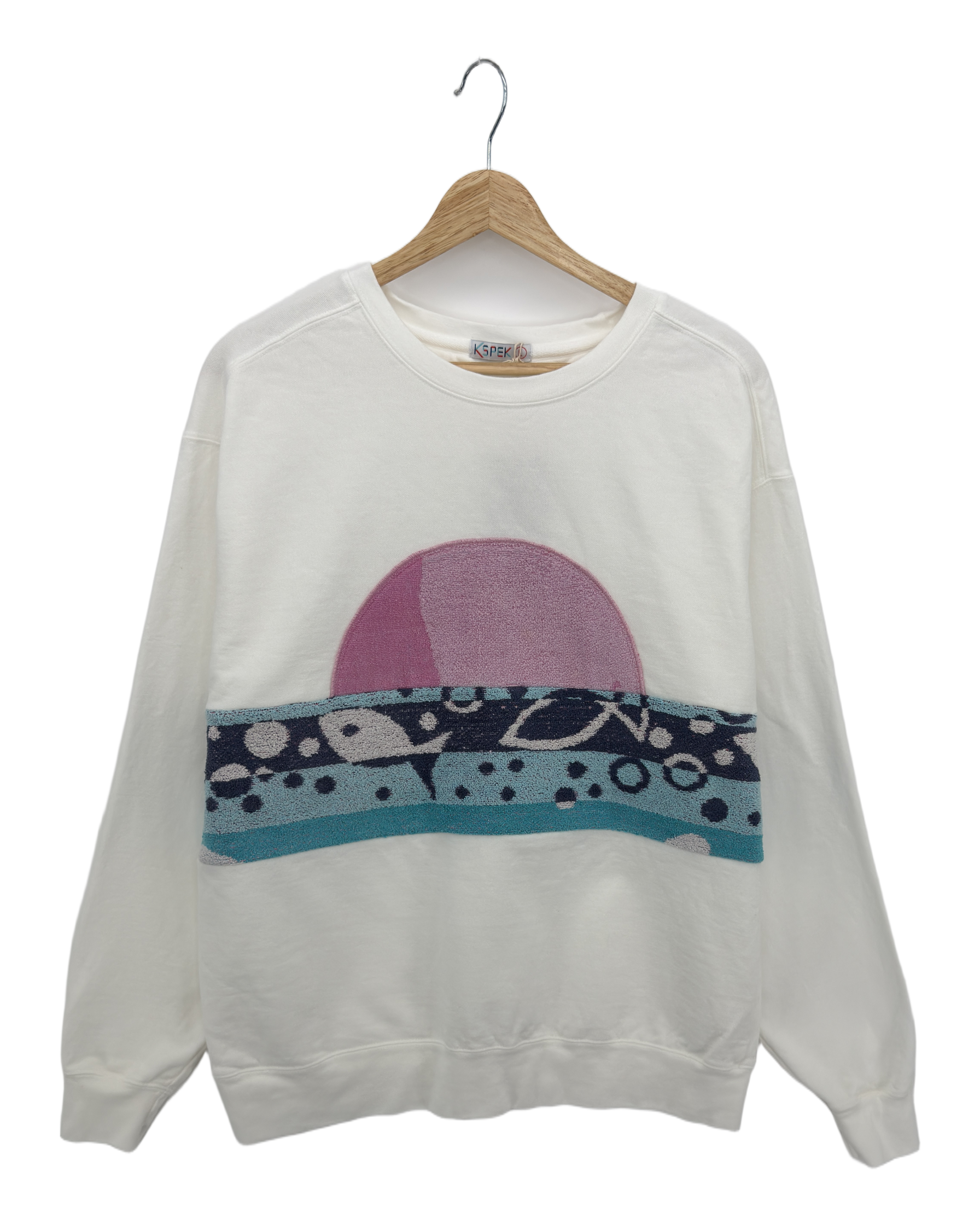 Large White Sunset Chaser "Retro Wavefront" — one-of-a-kind upcycled vintage beach towel sweatshirt, handmade by Kspek, view 3