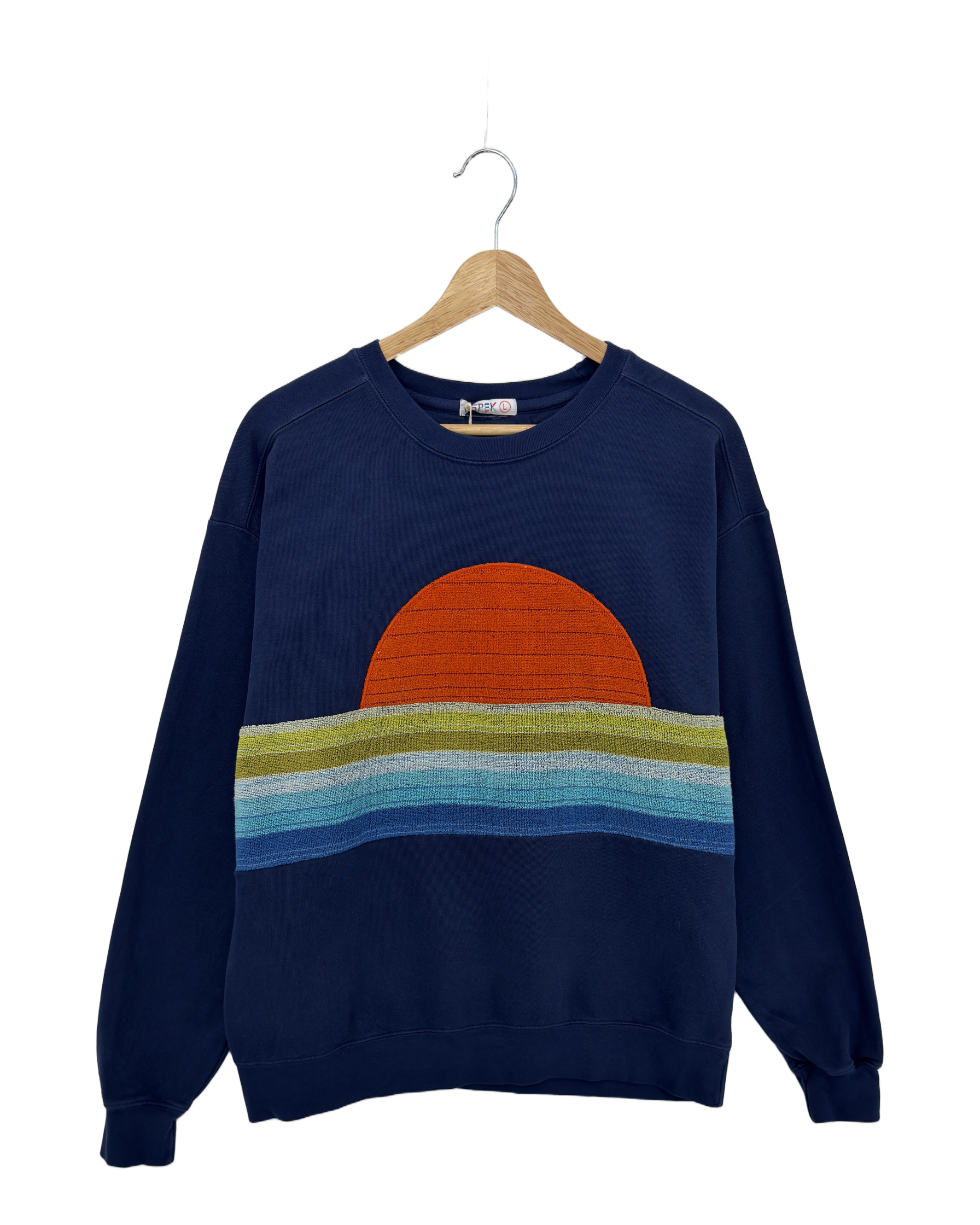 Large Navy Sunset Chaser "Retro Horizon" — one-of-a-kind upcycled vintage beach towel sweatshirt, handmade by Kspek, view 3