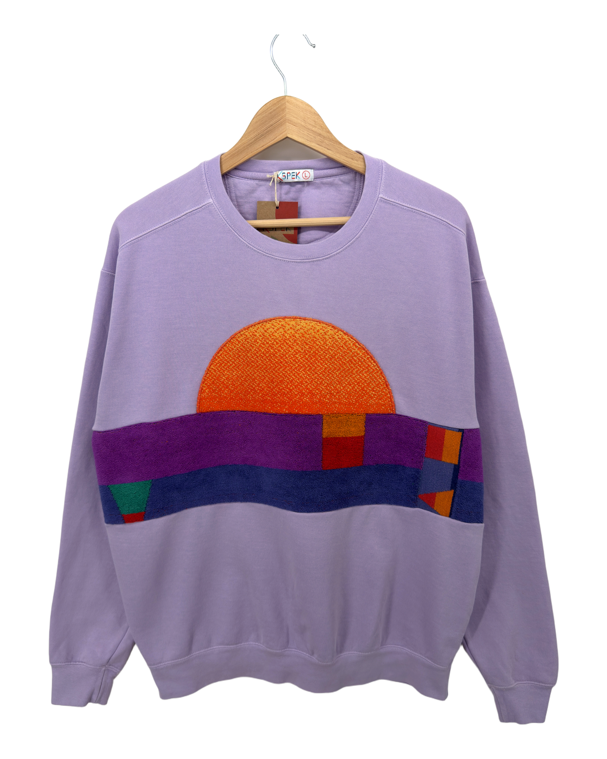 Large Lavender Sunset Chaser "Geometric Sunscape" — one-of-a-kind upcycled vintage beach towel sweatshirt, handmade by Kspek, view 4