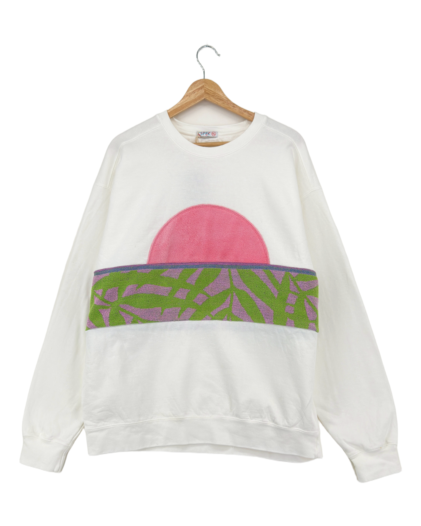 X-Large White Sunset Chaser "Tropical Sunrise" — one-of-a-kind upcycled vintage beach towel sweatshirt, handmade by Kspek, view 4