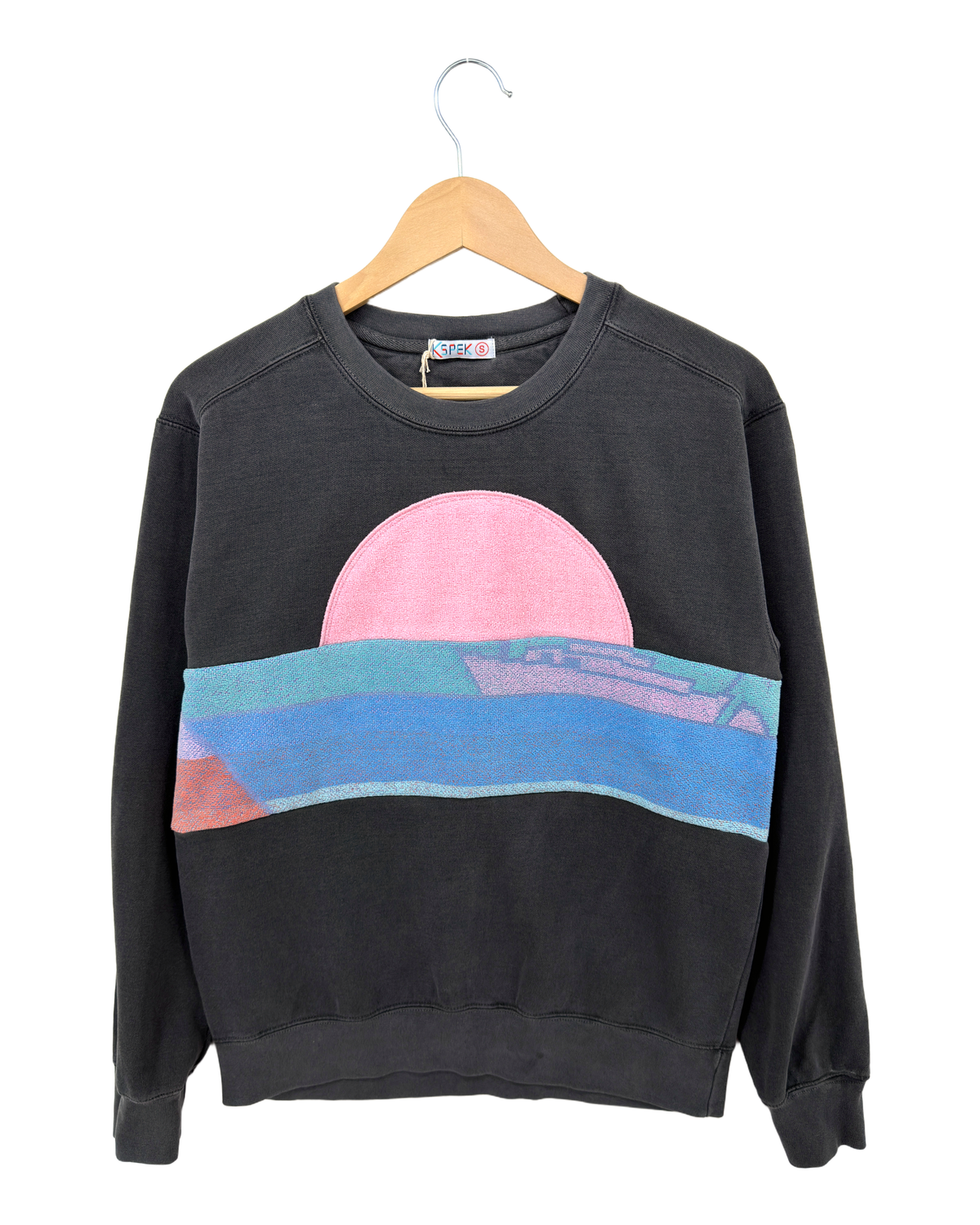 Small Pepper Sunset Chaser "Pink Dawn Curve" — one-of-a-kind upcycled vintage beach towel sweatshirt, handmade by Kspek, view 4