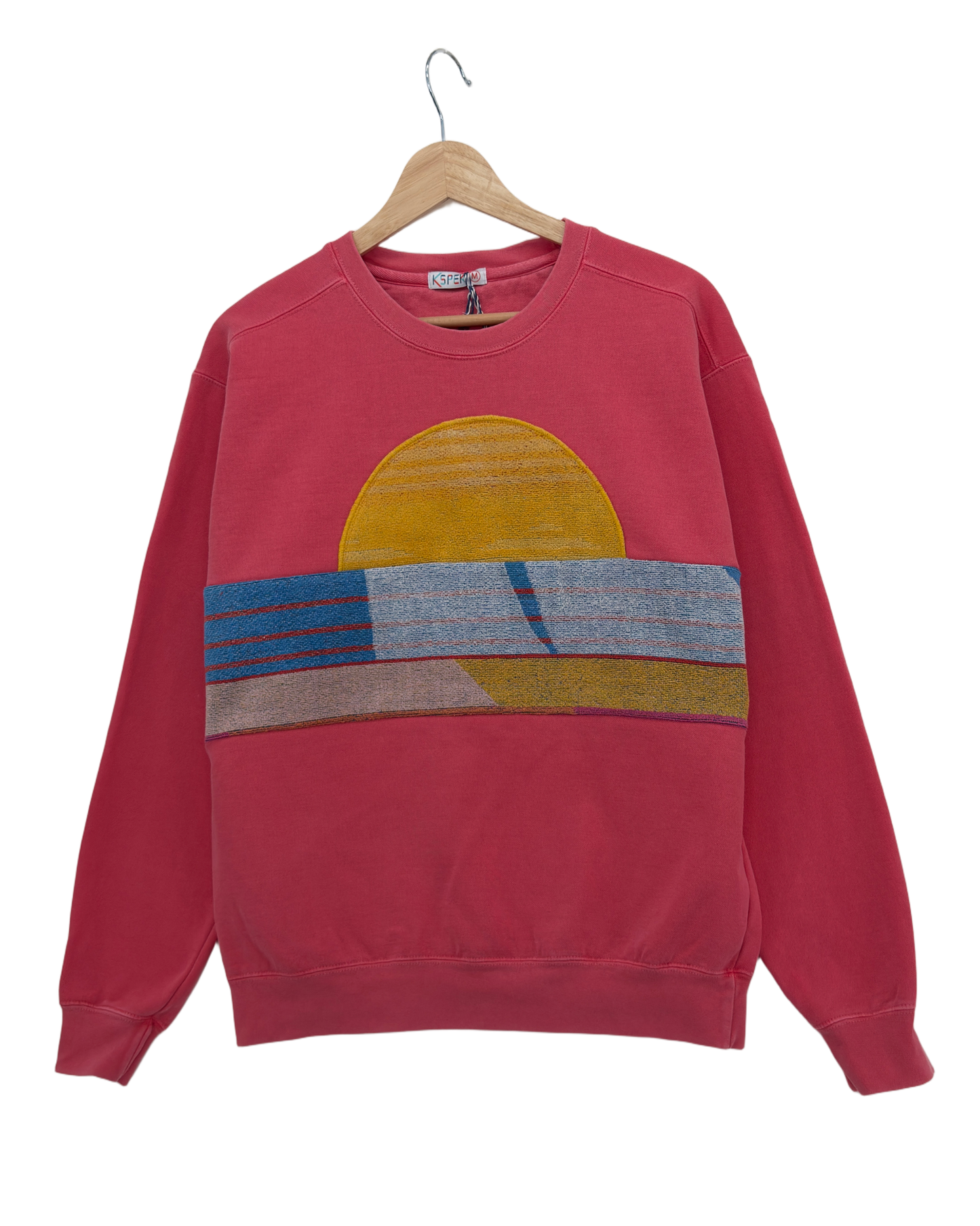 Medium Watermelon Sunset Chaser "Skyline Escape" — one-of-a-kind upcycled vintage beach towel sweatshirt, handmade by Kspek, view 3