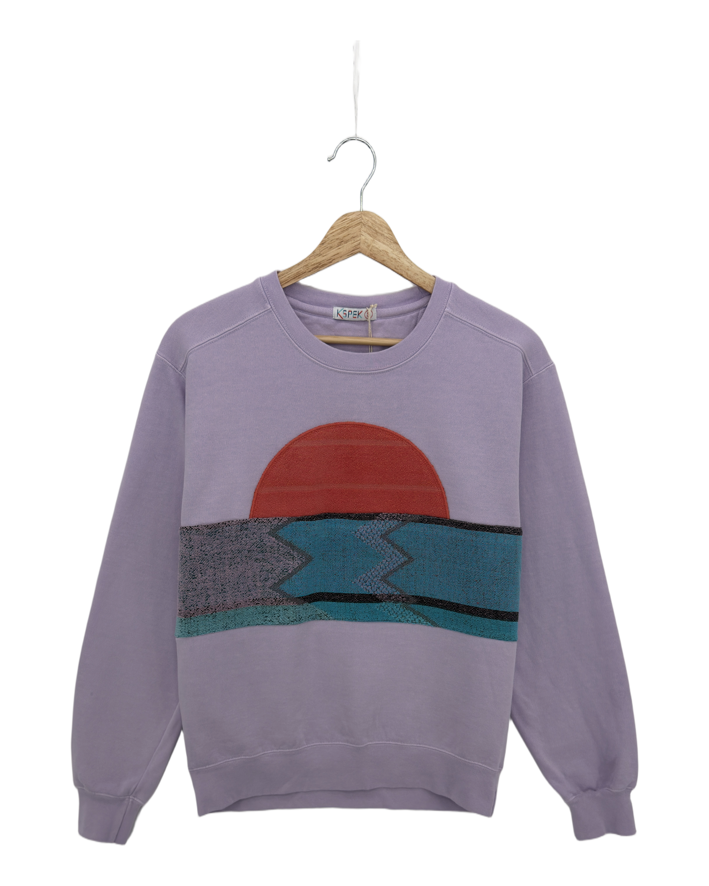 Small Lavender Sunset Chaser "Horizon Vibes" — one-of-a-kind upcycled vintage beach towel sweatshirt, handmade by Kspek, view 3