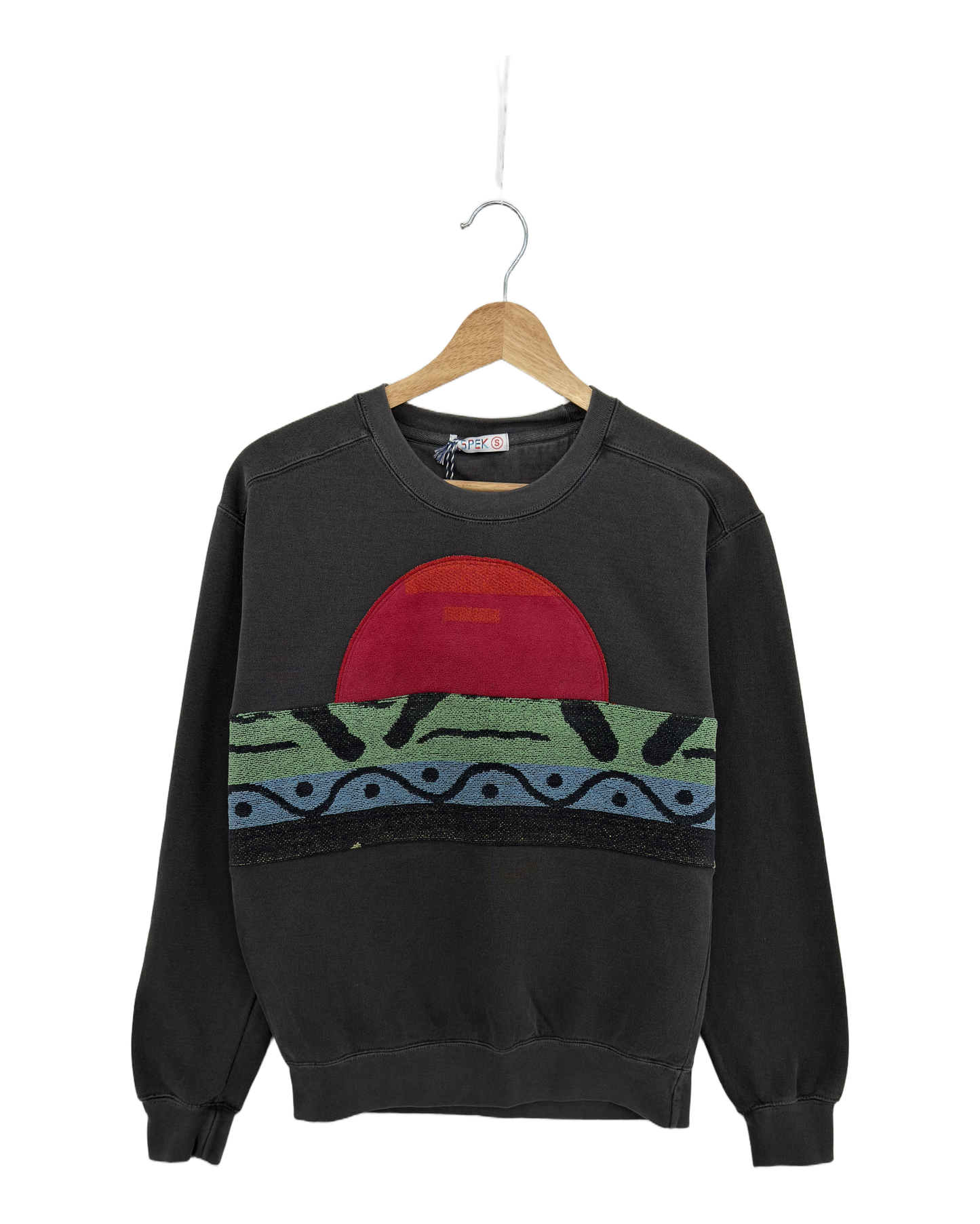 Small Pepper Sunset Chaser "Retro Horizon" — one-of-a-kind upcycled vintage beach towel sweatshirt, handmade by Kspek, view 3