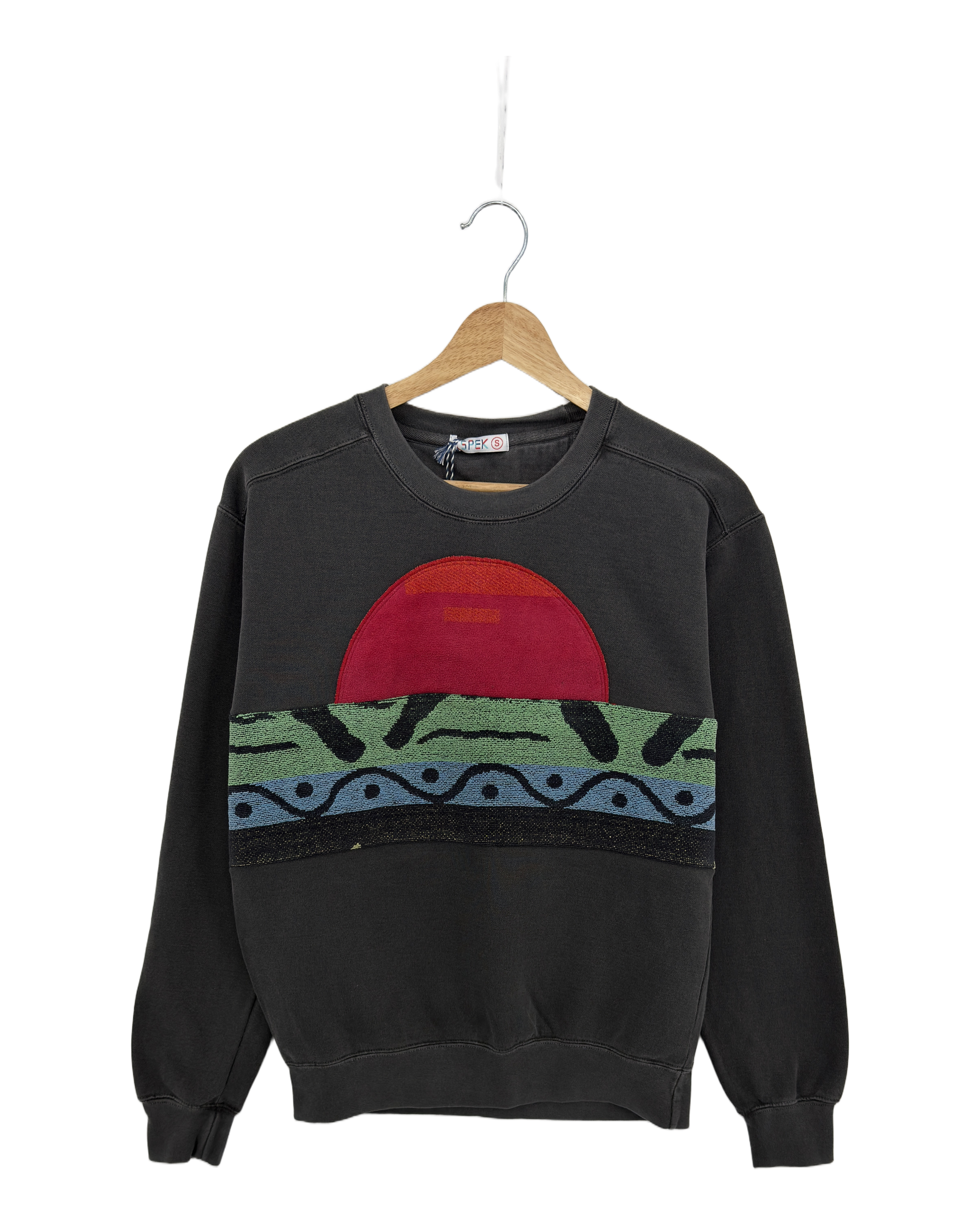 Small Pepper Sunset Chaser "Retro Horizon" — one-of-a-kind upcycled vintage beach towel sweatshirt, handmade by Kspek, view 3
