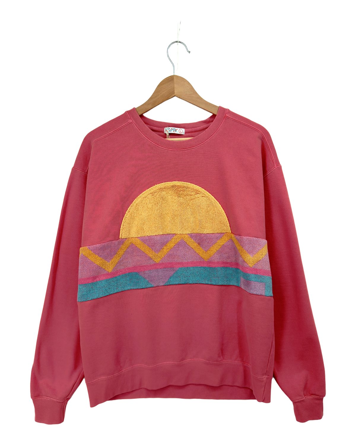 Large Watermelon Sunset Chaser "Zigzag Solar Arc" — one-of-a-kind upcycled vintage beach towel sweatshirt, handmade by Kspek, view 4