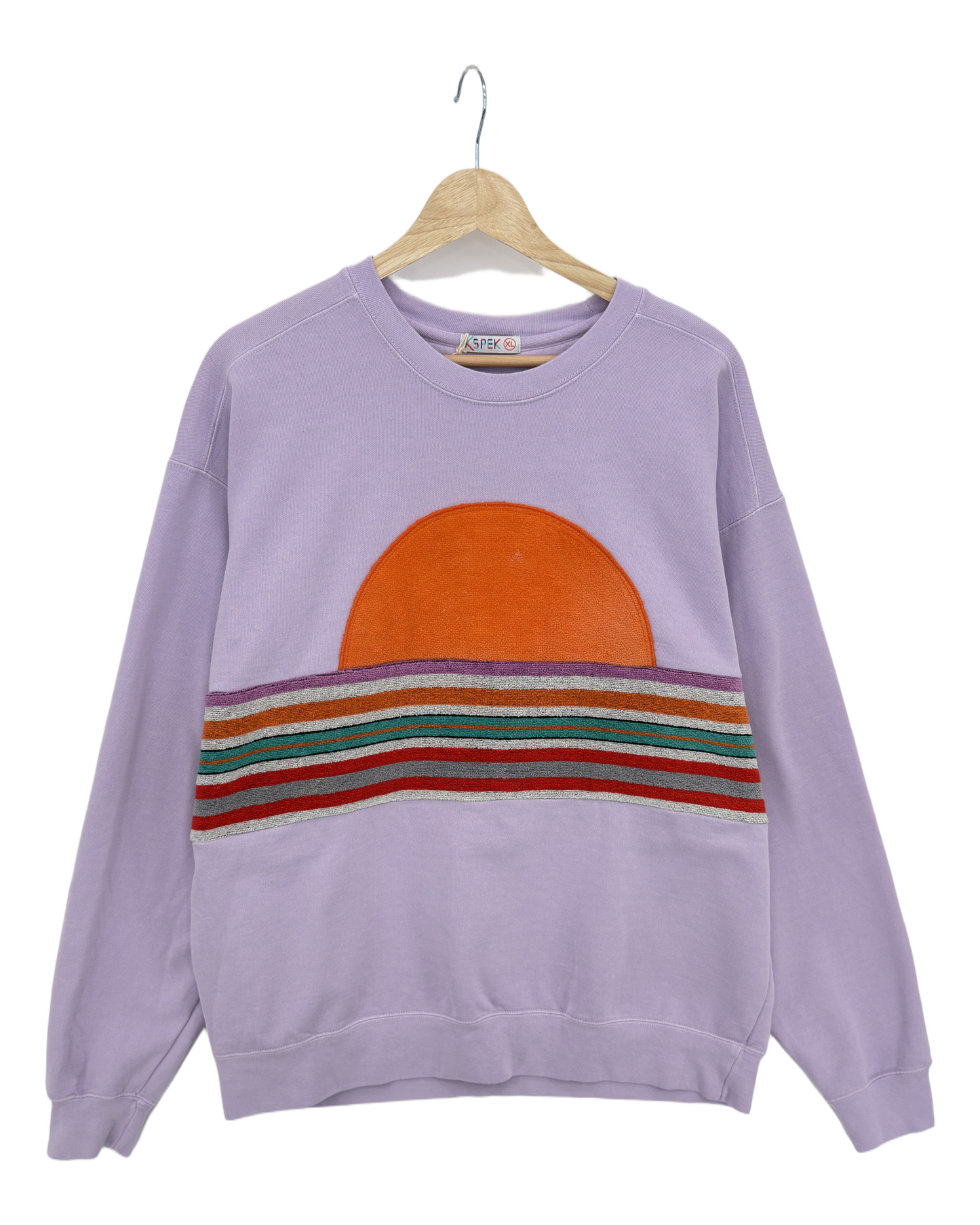 X-Large Lavender Sunset Chaser "Retro Sunscape" — one-of-a-kind upcycled vintage beach towel sweatshirt, handmade by Kspek, view 3