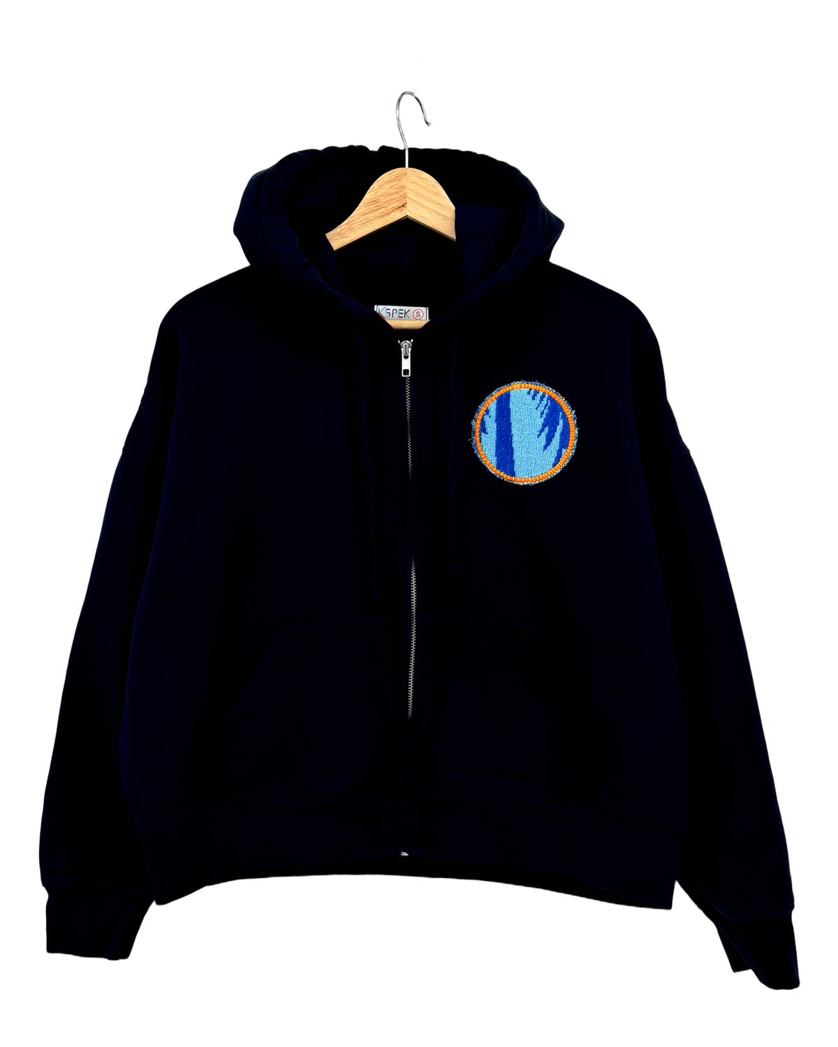 Small Navy Making a Scene Zip Up Hoodie — one-of-a-kind upcycled vintage beach towel piece, handmade by Kspek, view 2