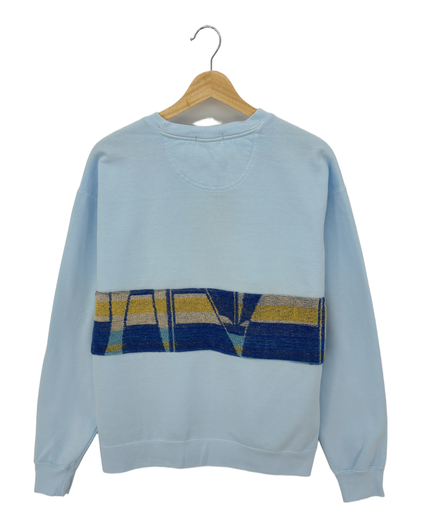 Large Aqua Sunset Chaser "Tide Traveler" — one-of-a-kind upcycled vintage beach towel sweatshirt, handmade by Kspek, view 3
