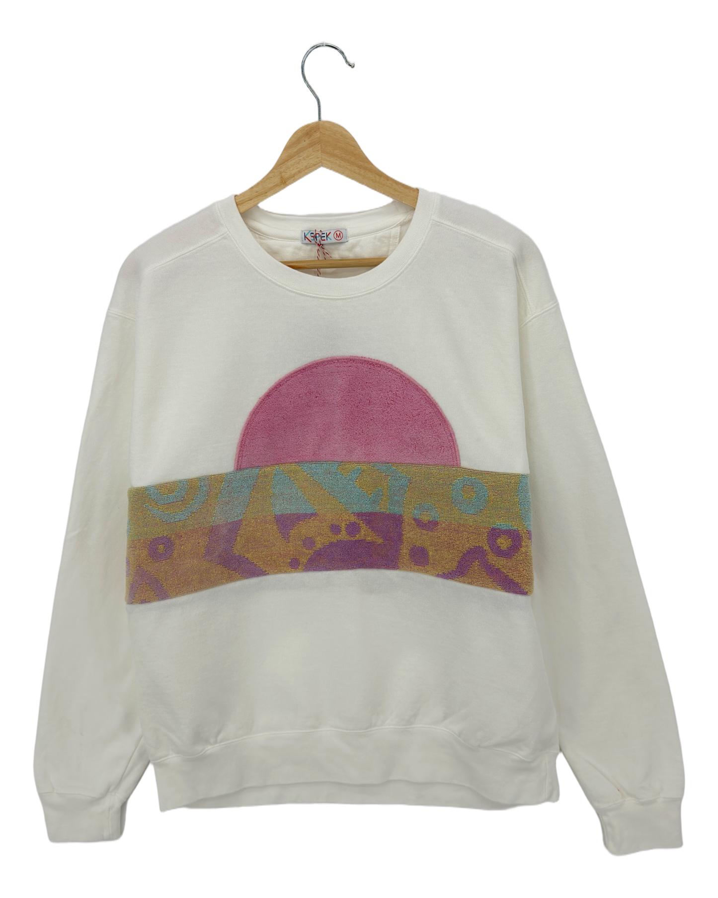 Medium White Sunset Chaser "Coastal Echo" — one-of-a-kind upcycled vintage beach towel sweatshirt, handmade by Kspek, view 3