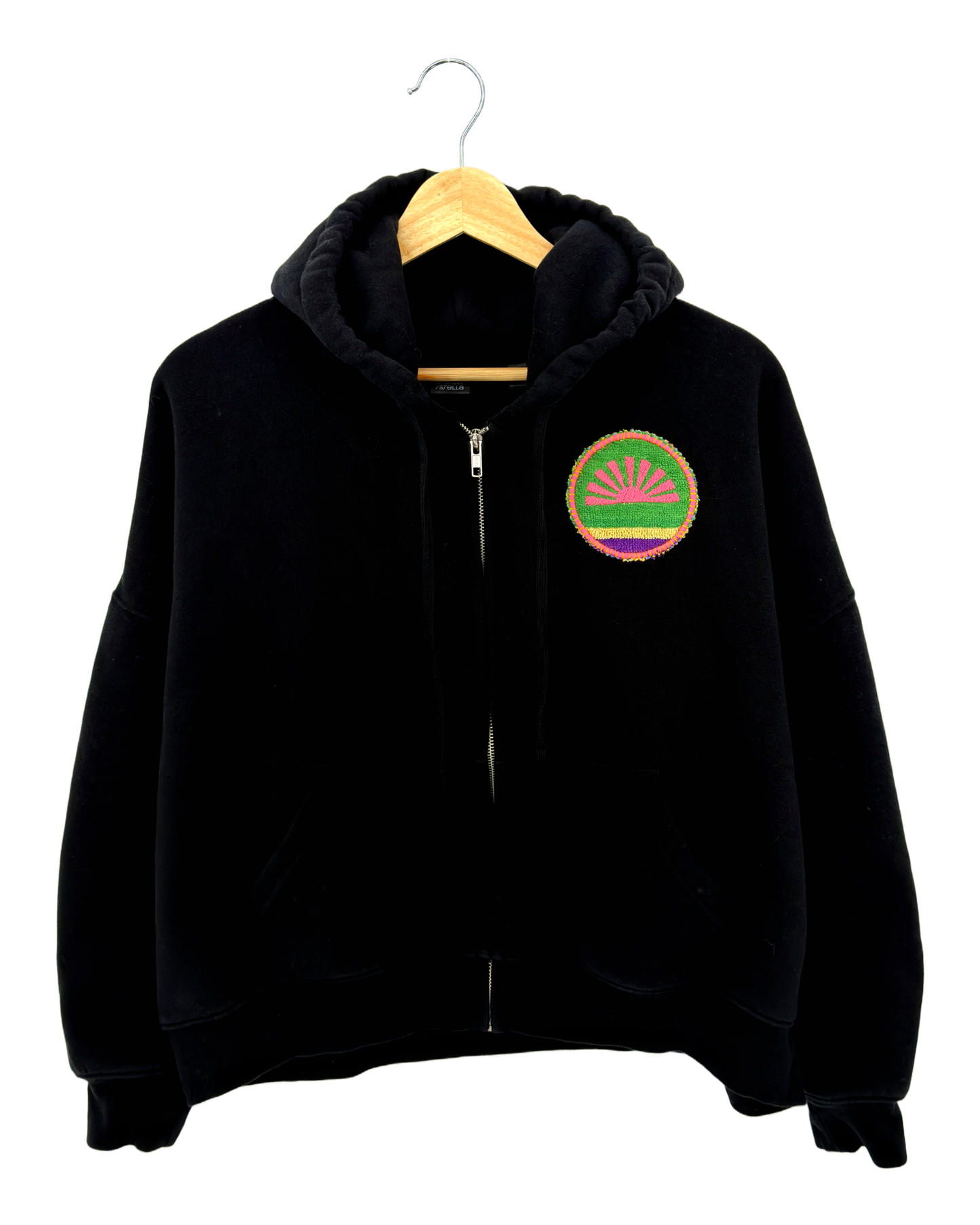 Large Black Making a Scene Zip Up Hoodie — one-of-a-kind upcycled vintage beach towel piece, handmade by Kspek, view 2