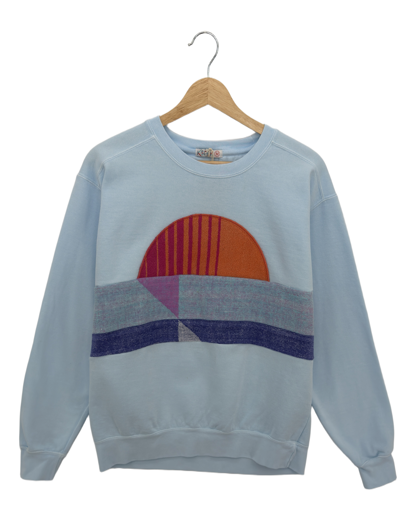 Medium Aqua Sunset Chaser "Sunrise Serenity" — one-of-a-kind upcycled vintage beach towel sweatshirt, handmade by Kspek, view 3