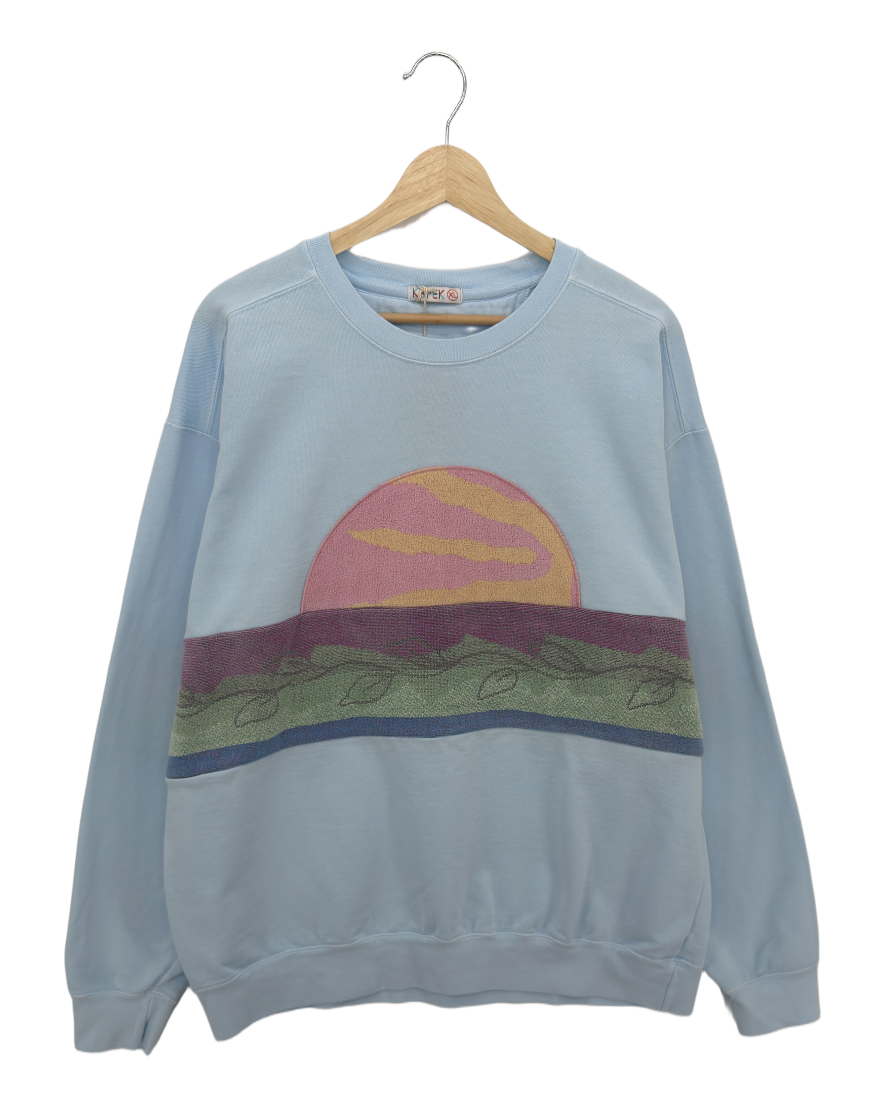X-Large Aqua Sunset Chaser "Horizon Bliss" — one-of-a-kind upcycled vintage beach towel sweatshirt, handmade by Kspek, view 3