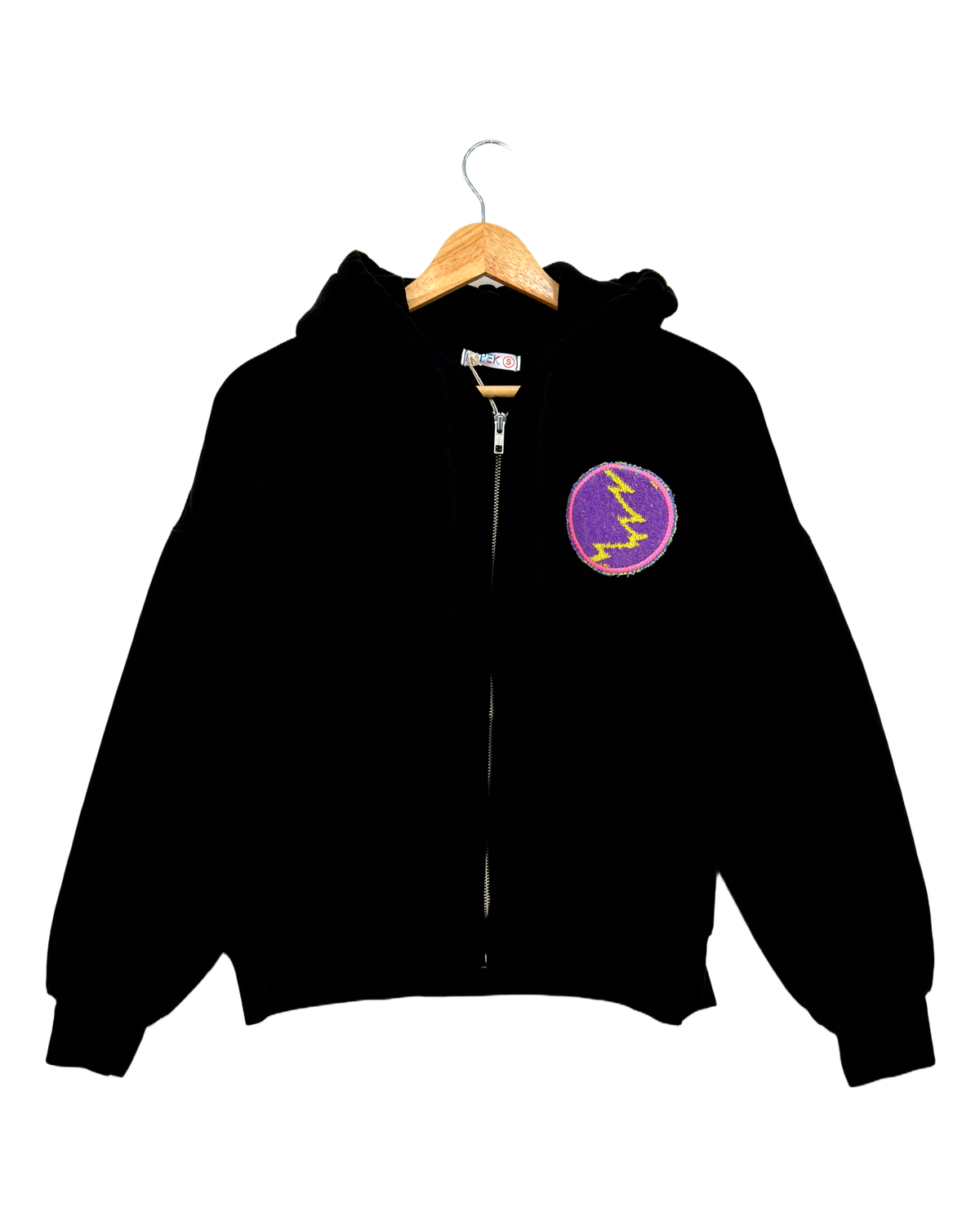 Small Black Making a Scene Zip Up Hoodie — one-of-a-kind upcycled vintage beach towel piece, handmade by Kspek, view 2