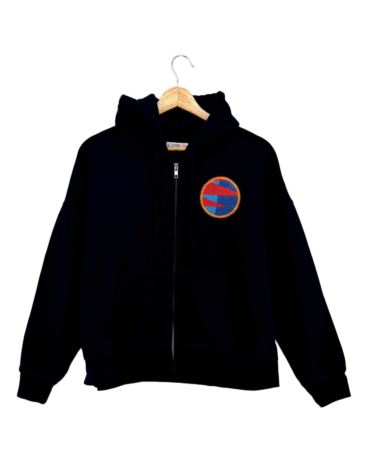Medium Navy Making a Scene Zip Up Hoodie — one-of-a-kind upcycled vintage beach towel piece, handmade by Kspek, view 2