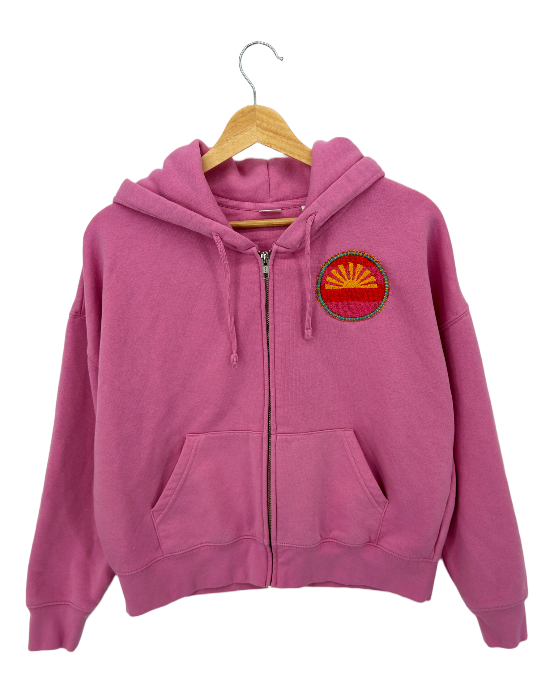 Small Pink Making a Scene Zip Up Hoodie — one-of-a-kind upcycled vintage beach towel piece, handmade by Kspek, view 2