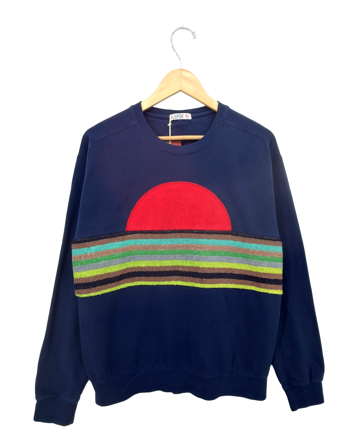 Medium Navy Sunset Chaser "Striped Sun Arc" — one-of-a-kind upcycled vintage beach towel sweatshirt, handmade by Kspek, view 4