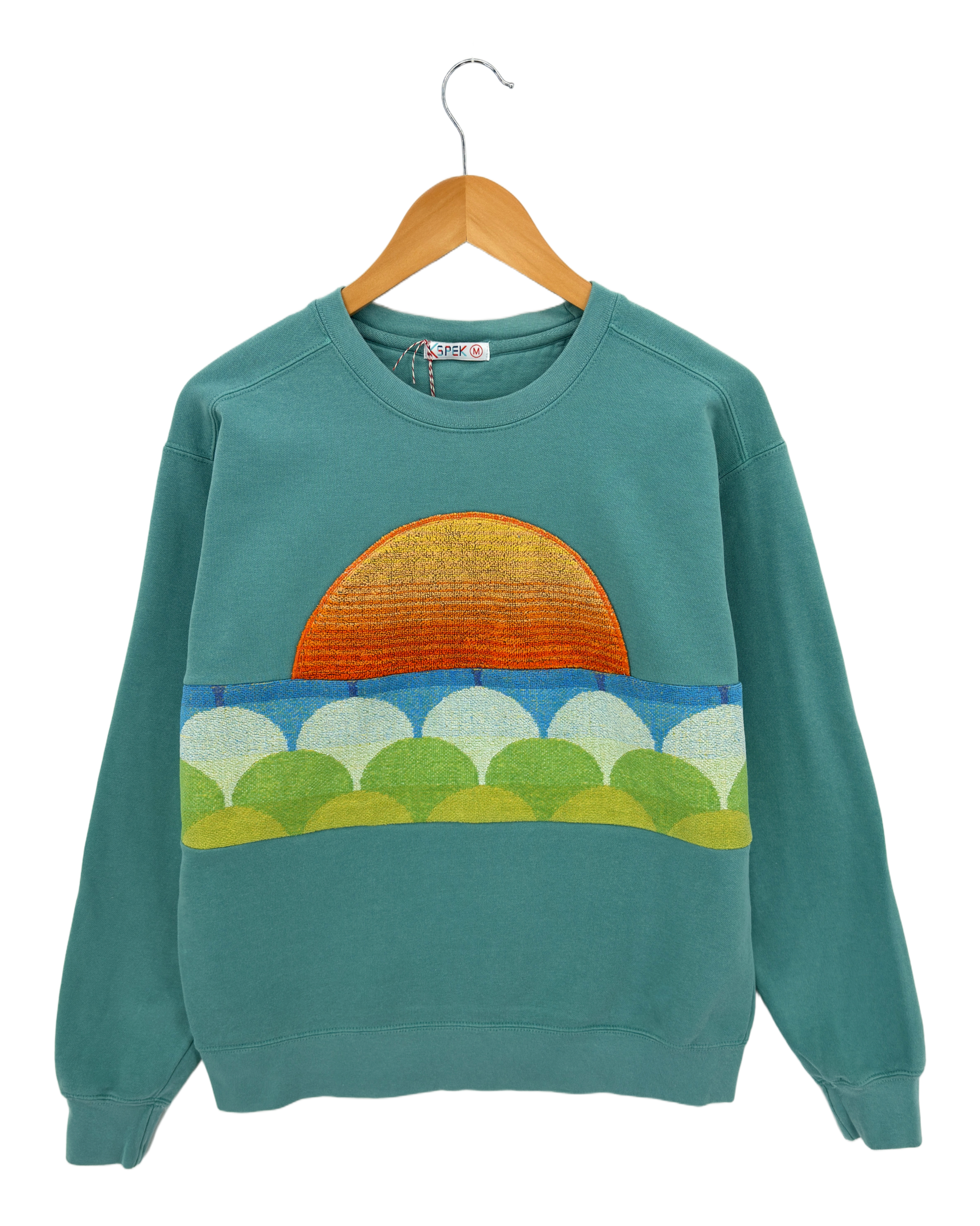 Medium Light Jade Sunset Chaser "Scalloped Waves" — one-of-a-kind upcycled vintage beach towel sweatshirt, handmade by Kspek, view 3