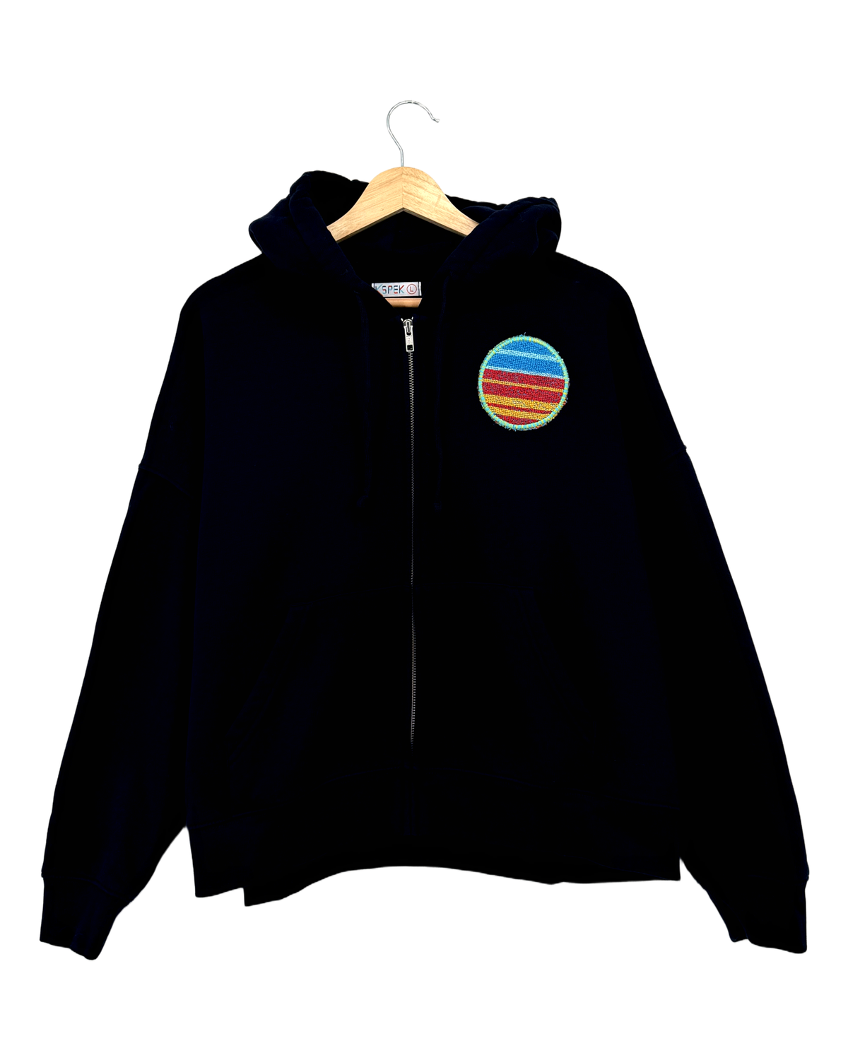 Large Navy Making a Scene Zip Up Hoodie — one-of-a-kind upcycled vintage beach towel piece, handmade by Kspek, view 2