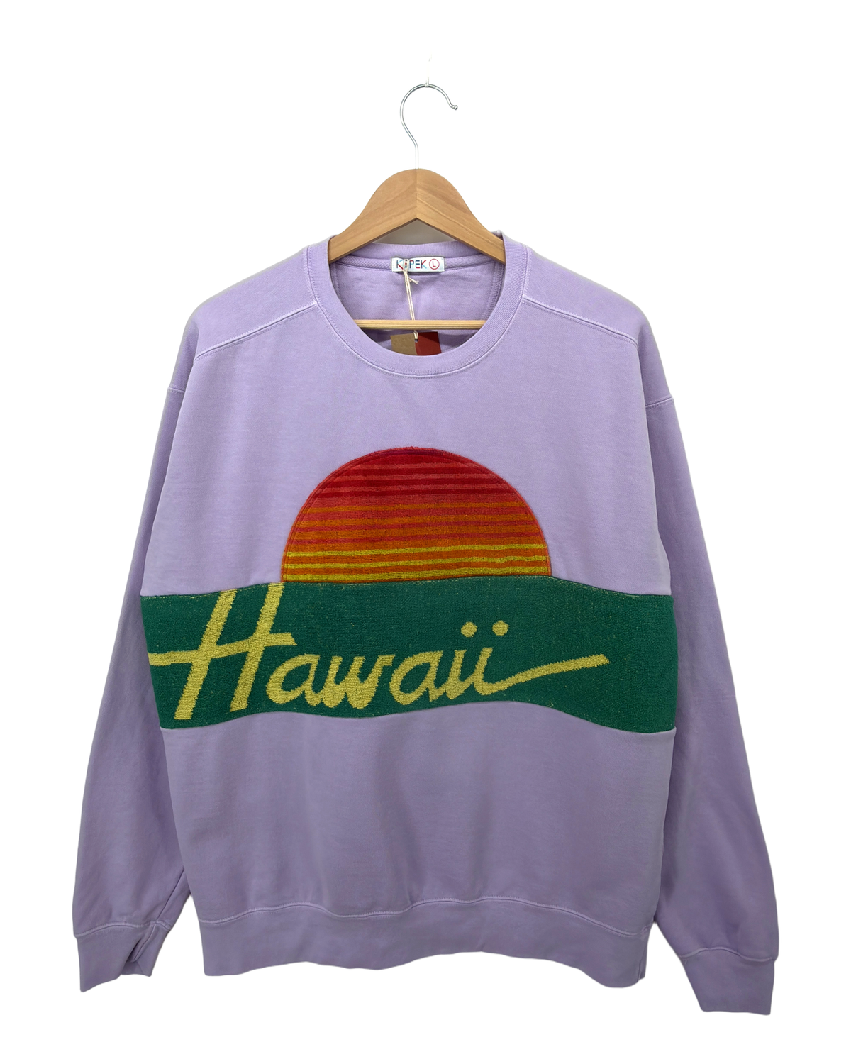Large Lavender Sunset Chaser "Hawaii Postcard" — one-of-a-kind upcycled vintage beach towel sweatshirt, handmade by Kspek, view 4