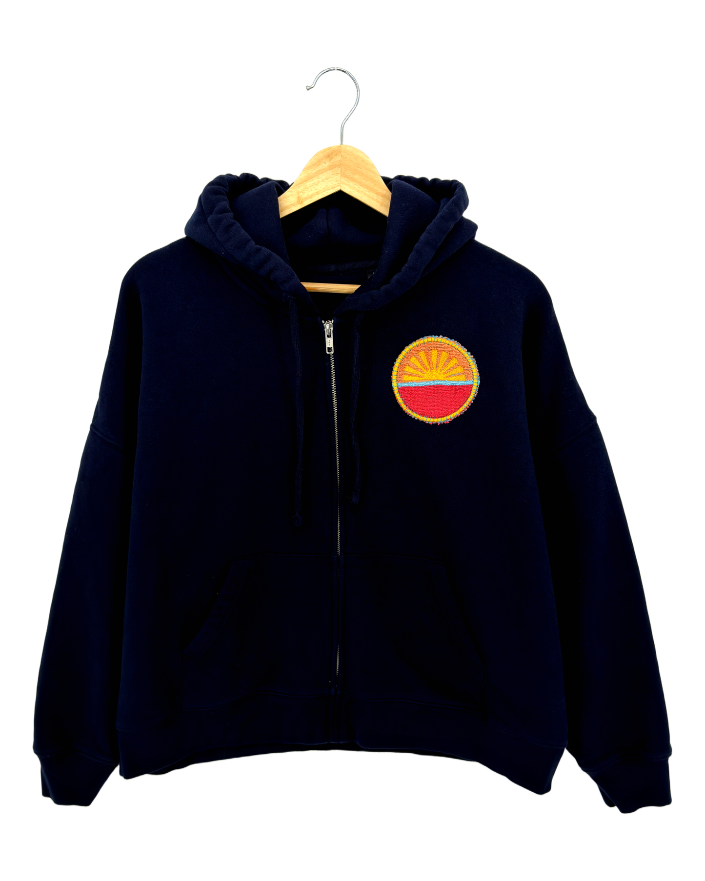 Large Navy Making a Scene Zip Up Hoodie — one-of-a-kind upcycled vintage beach towel piece, handmade by Kspek, view 2