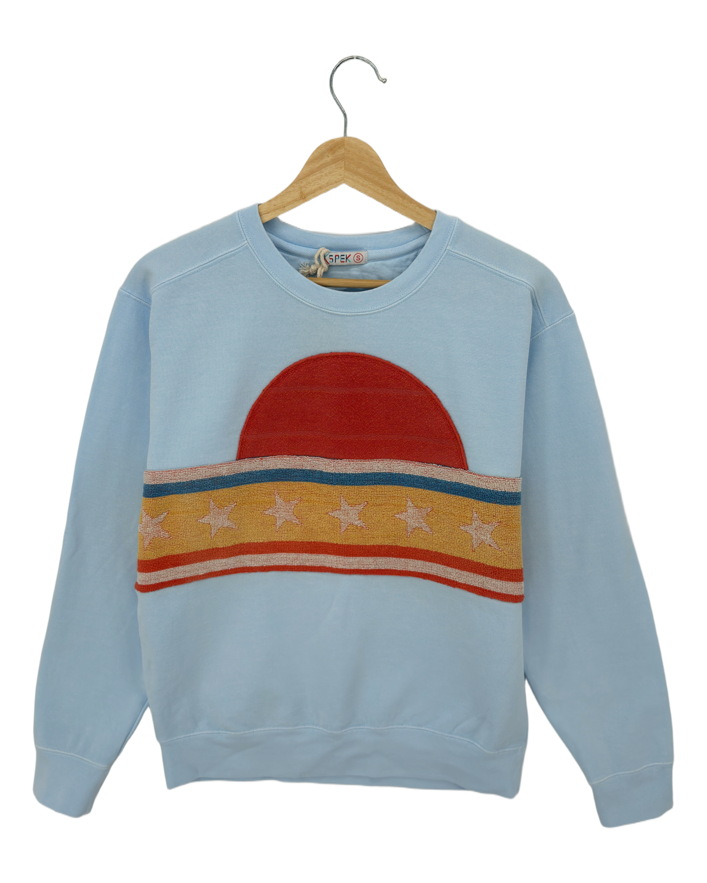 Small Aqua Sunset Chaser "Crescent Coastline" — one-of-a-kind upcycled vintage beach towel sweatshirt, handmade by Kspek, view 3