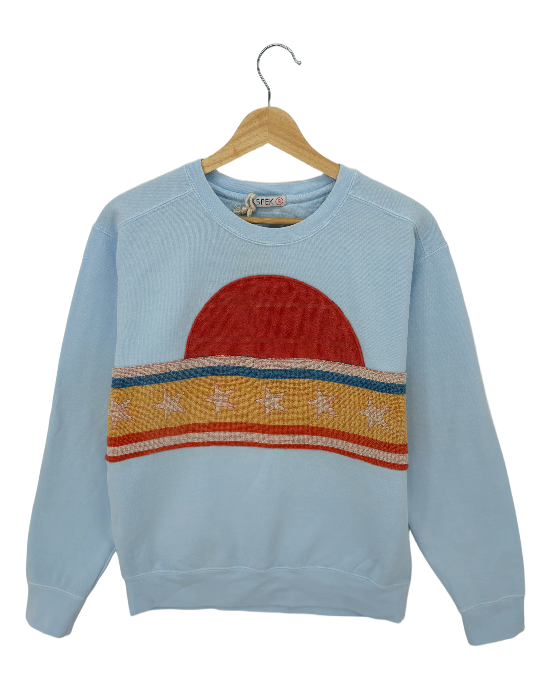 Small Aqua Sunset Chaser "Crescent Coastline" — one-of-a-kind upcycled vintage beach towel sweatshirt, handmade by Kspek, view 3