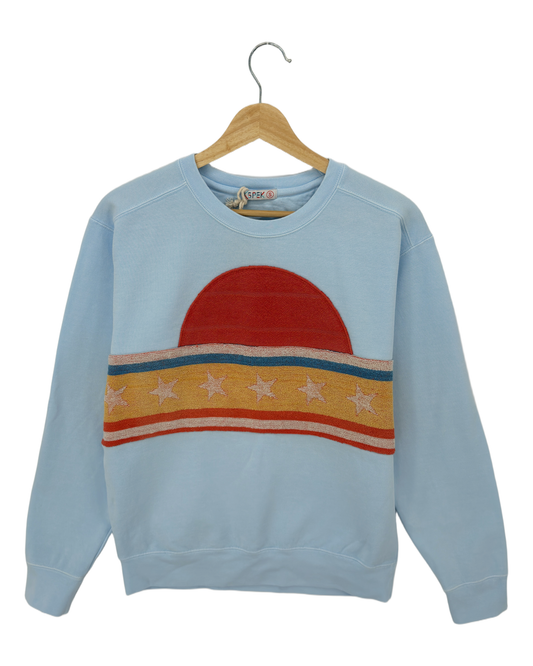 Small Aqua Sunset Chaser "Crescent Coastline" — one-of-a-kind upcycled vintage beach towel sweatshirt, handmade by Kspek, view 3