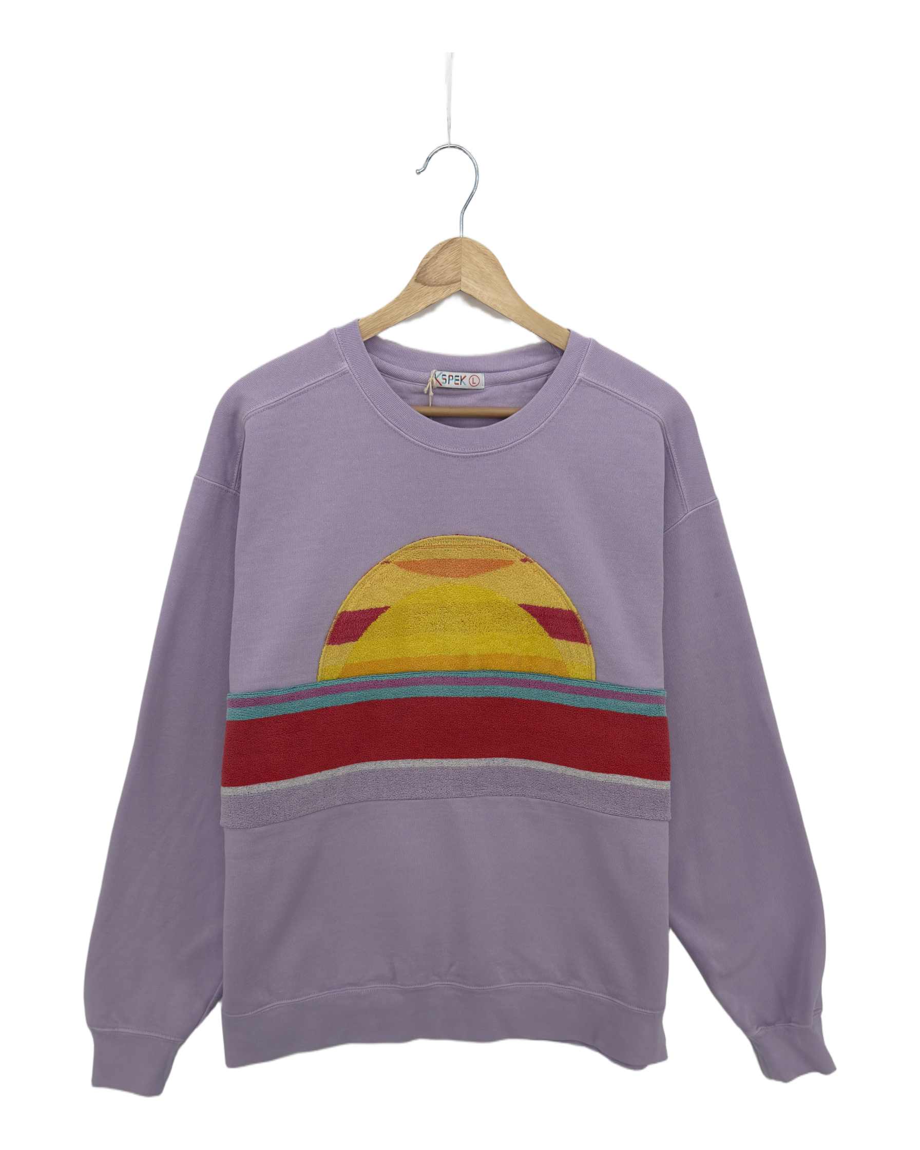 Large Lavender Sunset Chaser "Radiant Oasis" — one-of-a-kind upcycled vintage beach towel sweatshirt, handmade by Kspek, view 3