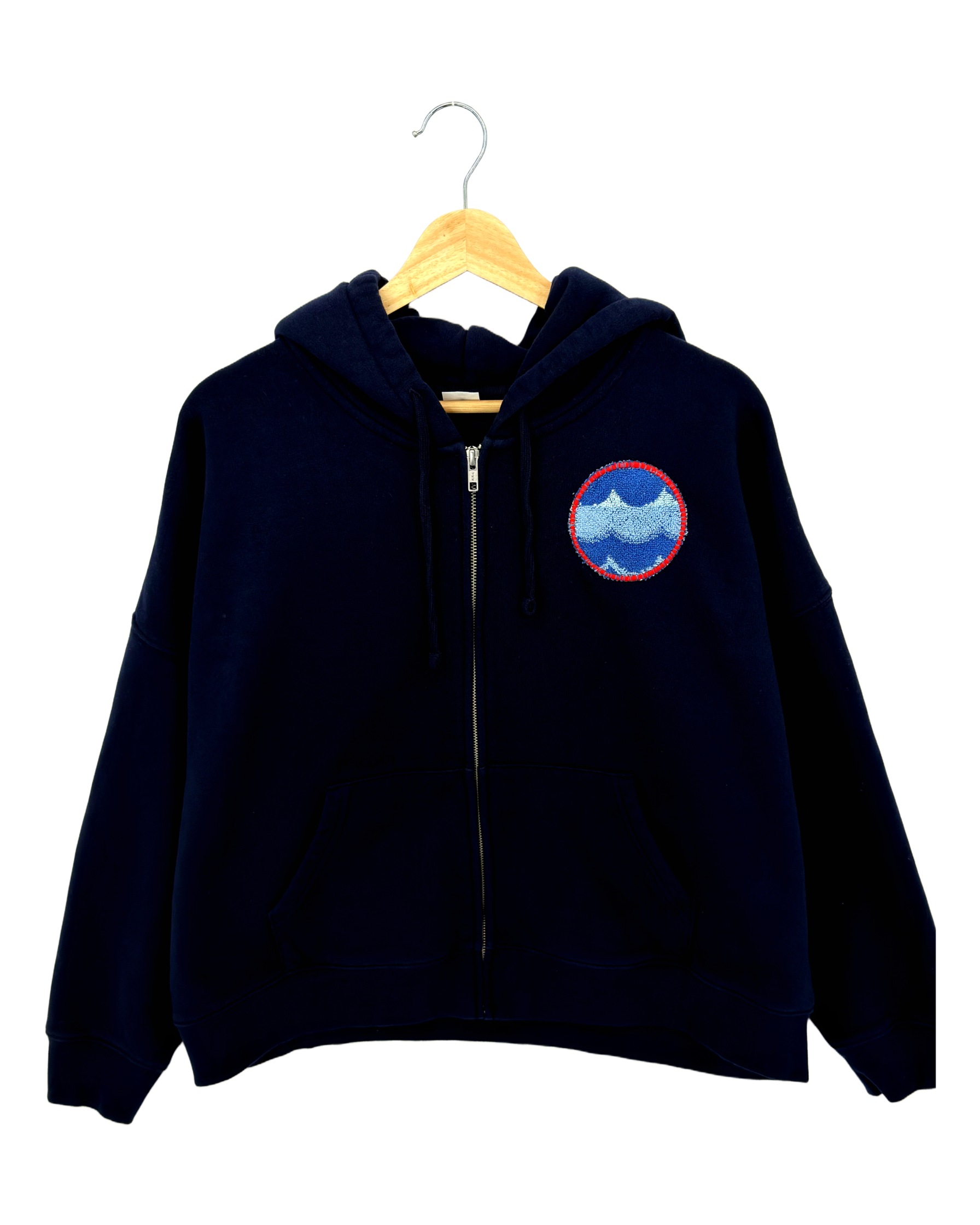 XLarge Navy Making a Scene Zip Up Hoodie — one-of-a-kind upcycled vintage beach towel piece, handmade by Kspek, view 2