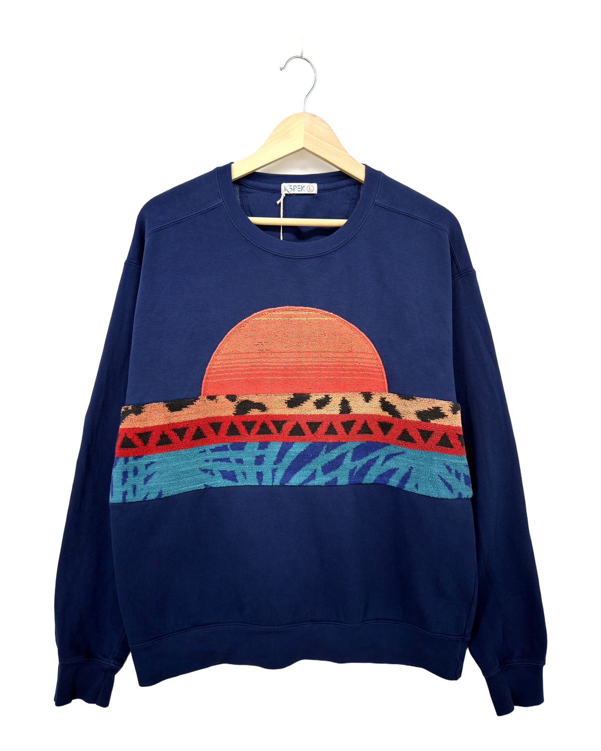 Large Navy Sunset Chaser "Leopard Sunbeam" — one-of-a-kind upcycled vintage beach towel sweatshirt, handmade by Kspek, view 4