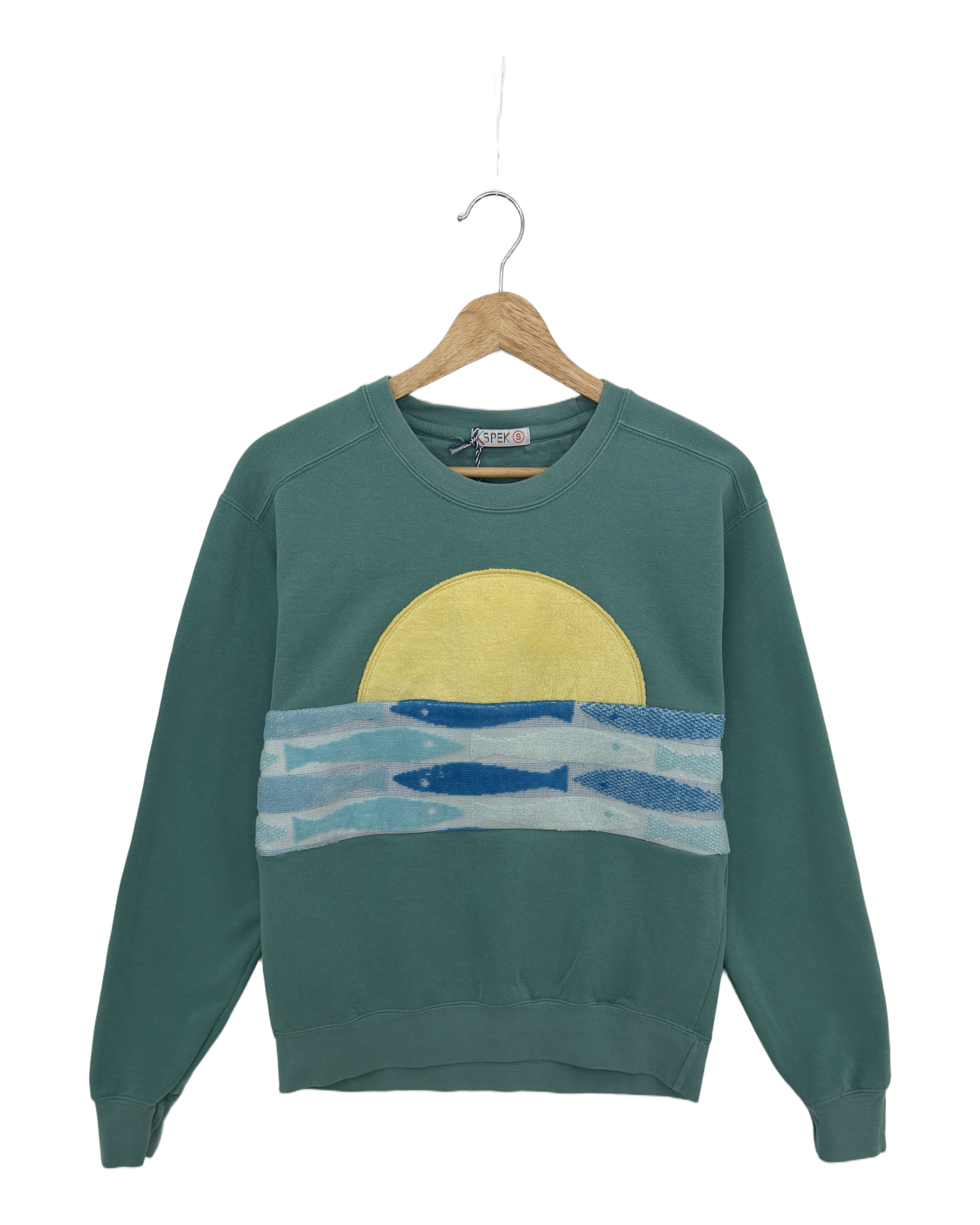 Small Light Jade Sunset Chaser "Coastal Harmony" — one-of-a-kind upcycled vintage beach towel sweatshirt, handmade by Kspek, view 3