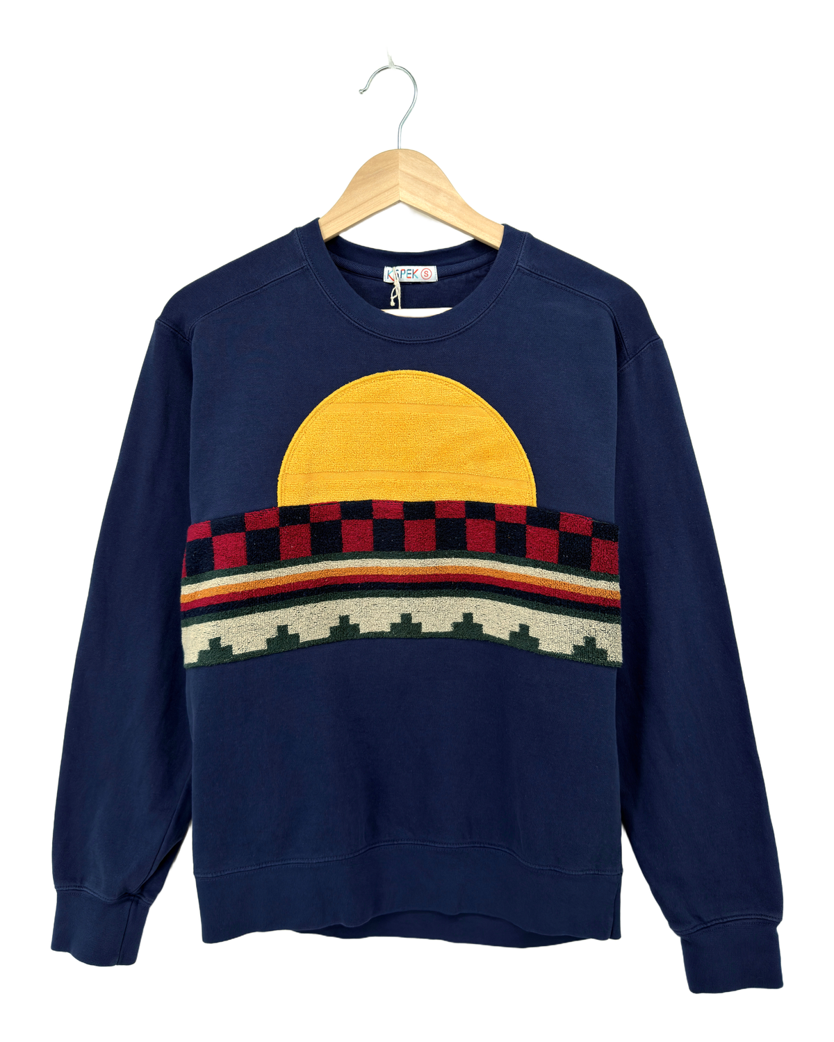 Small Navy Sunset Chaser "Sunset Checkers" — one-of-a-kind upcycled vintage beach towel sweatshirt, handmade by Kspek, view 4