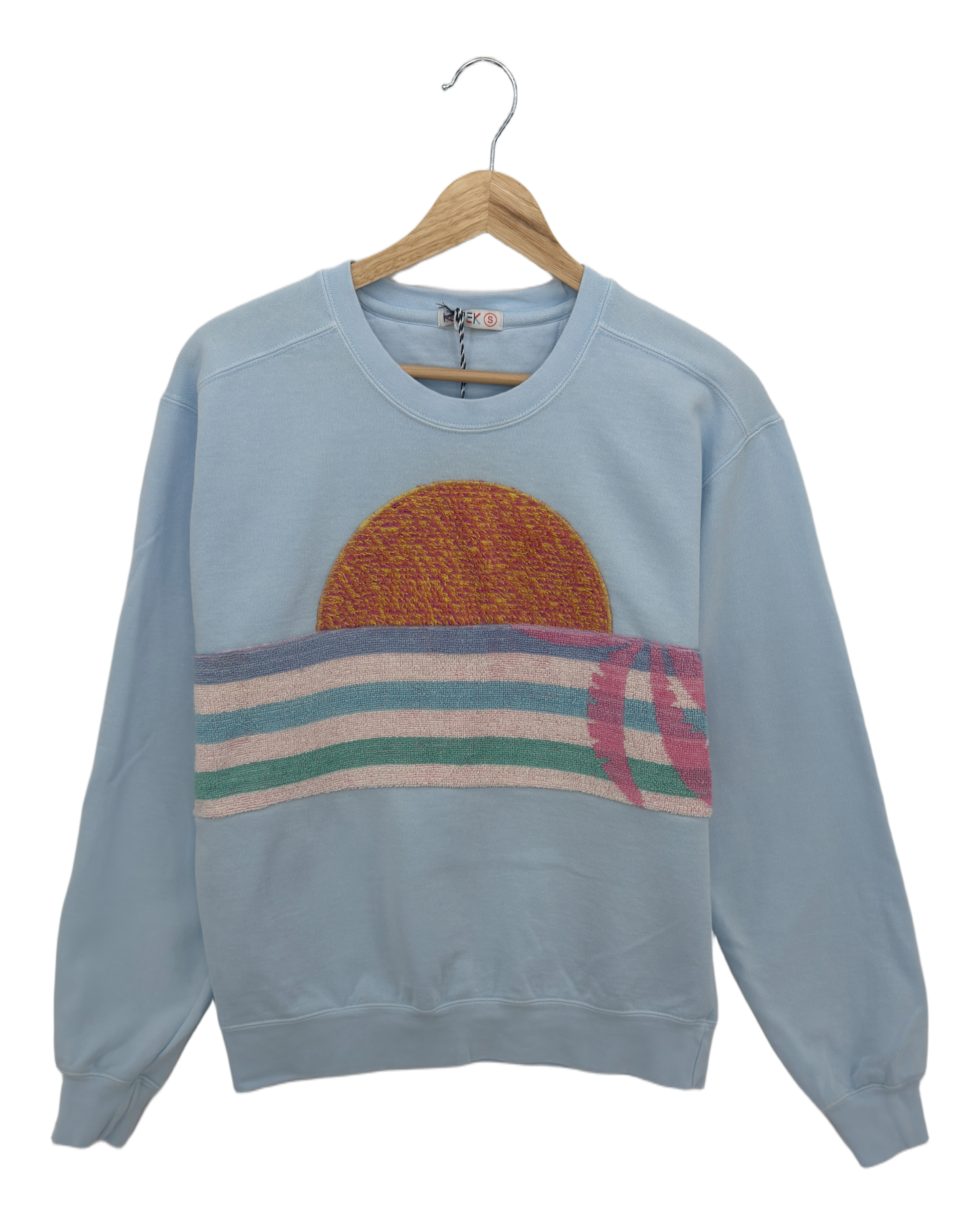 Small Aqua Sunset Chaser "Sunset Serenity" — one-of-a-kind upcycled vintage beach towel sweatshirt, handmade by Kspek, view 3