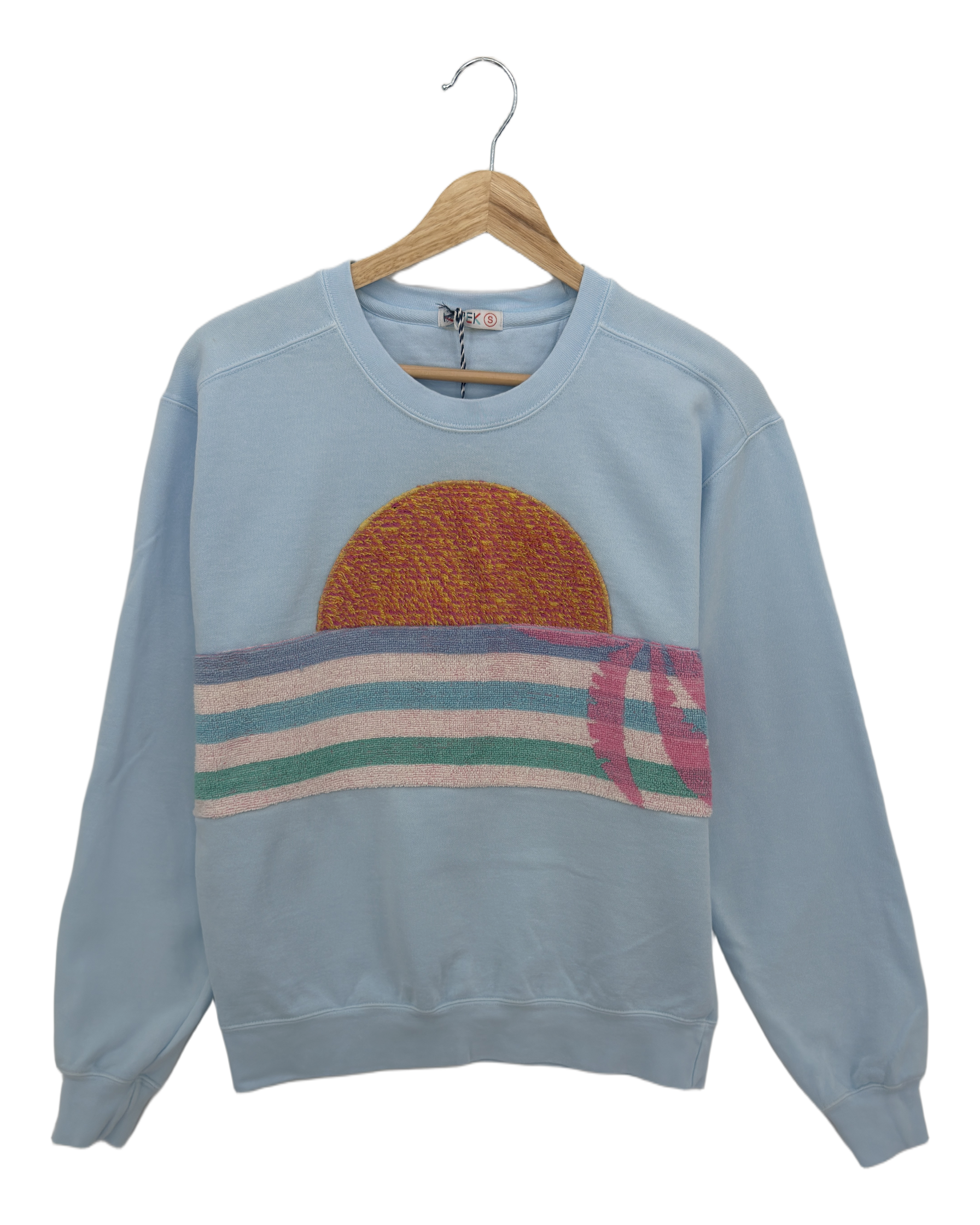 Small Aqua Sunset Chaser "Sunset Serenity" — one-of-a-kind upcycled vintage beach towel sweatshirt, handmade by Kspek, view 3