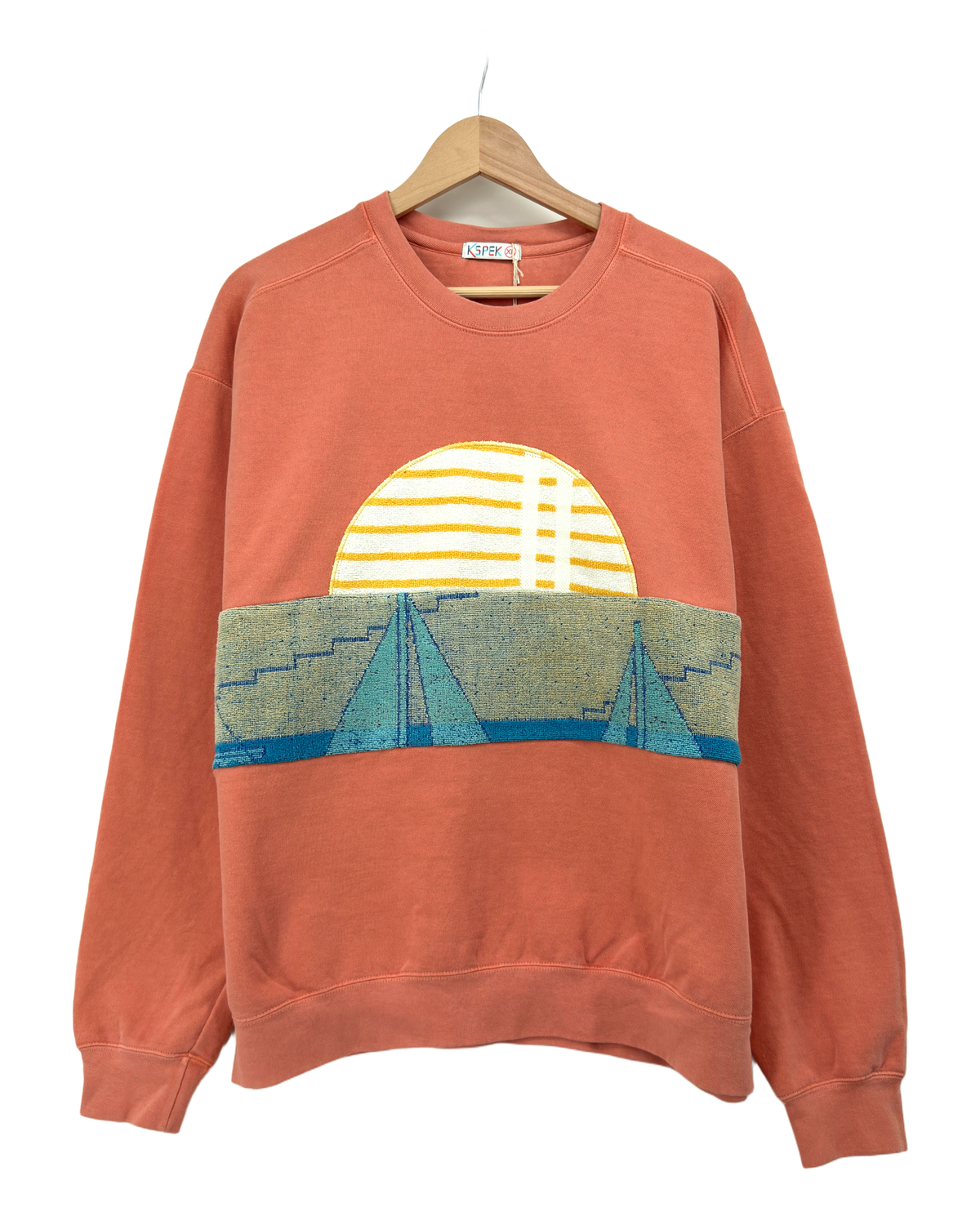 Medium Terracotta Sunset Chaser "Sailboat Sunset" — one-of-a-kind upcycled vintage beach towel sweatshirt, handmade by Kspek, view 4